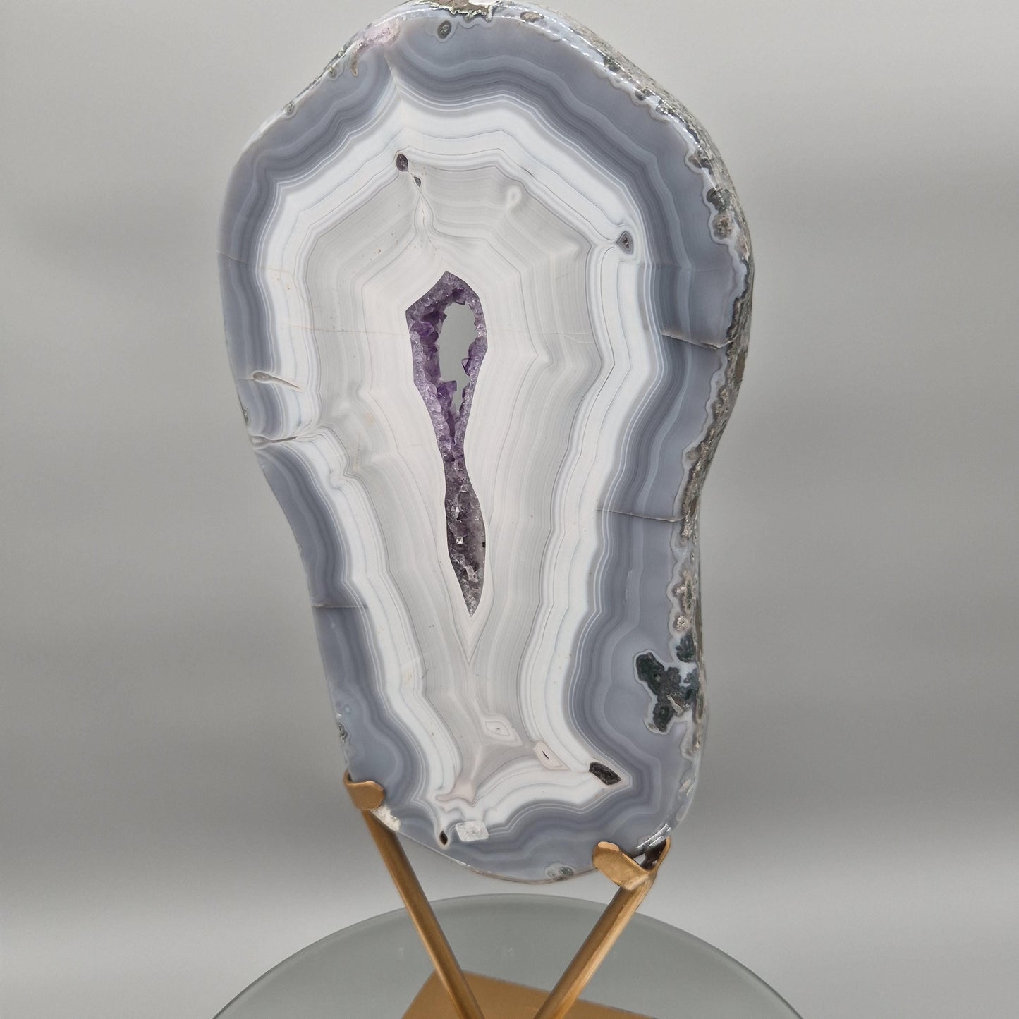 Fully Polished Druzy Amethyst with Blue Banded Agate  - Brazilian Crystal Display - 17in Statement Specimen - 8.18 lbs Crystal Hoarder