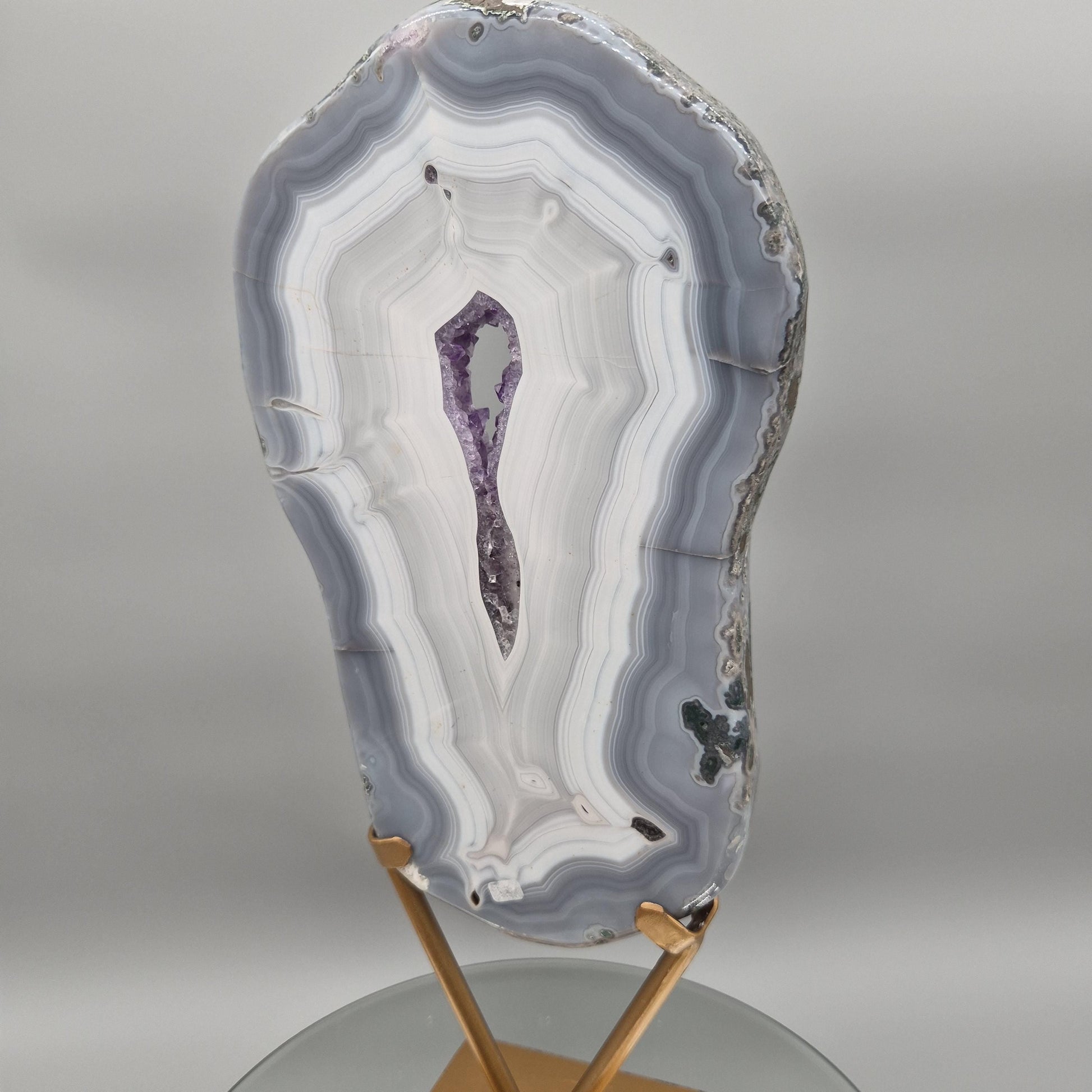 Fully Polished Druzy Amethyst with Blue Banded Agate  - Brazilian Crystal Display - 17in Statement Specimen - 8.18 lbs Crystal Hoarder