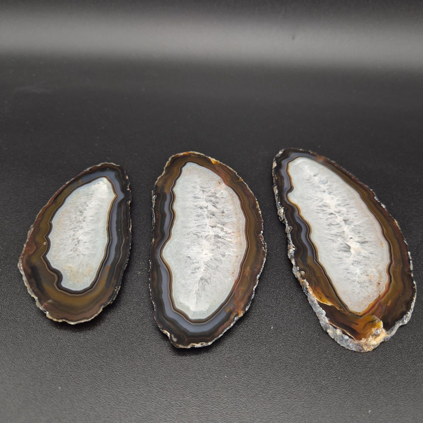 Set of 3 Agate Slices with Quartz | 4.5-6in Natural Crystal Slices | 0.55 lbs Total | Polished Banded Agate Decor Crystal Hoarder