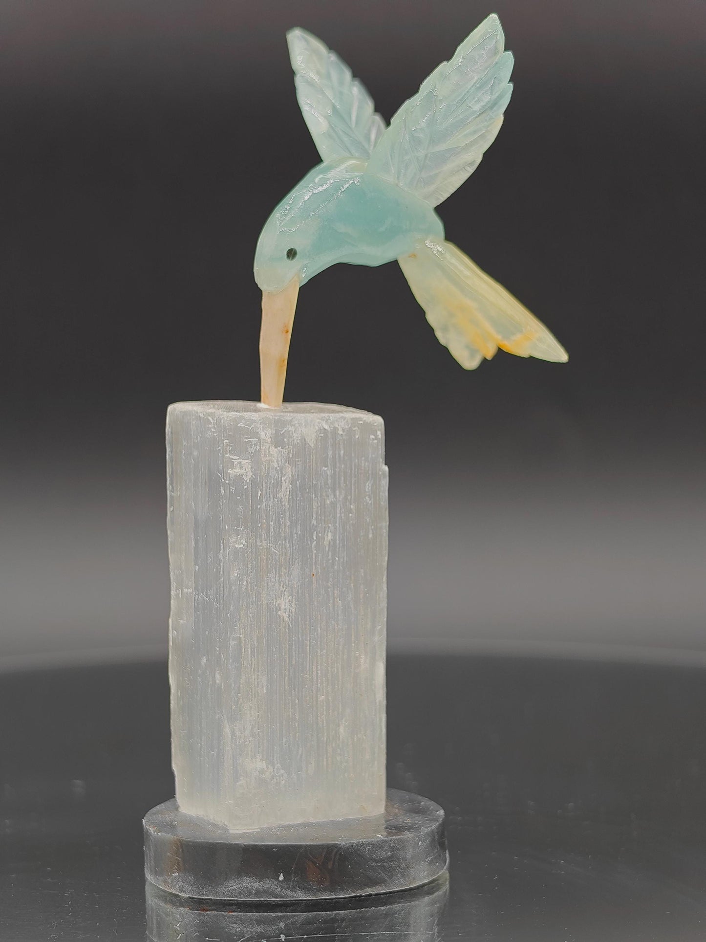 Blue Onyx Hummingbird on Satin Spar (Selenite Gypsum) - Hand Carved Brazil, 4 oz, 4 x 1in Crystal Hoarder