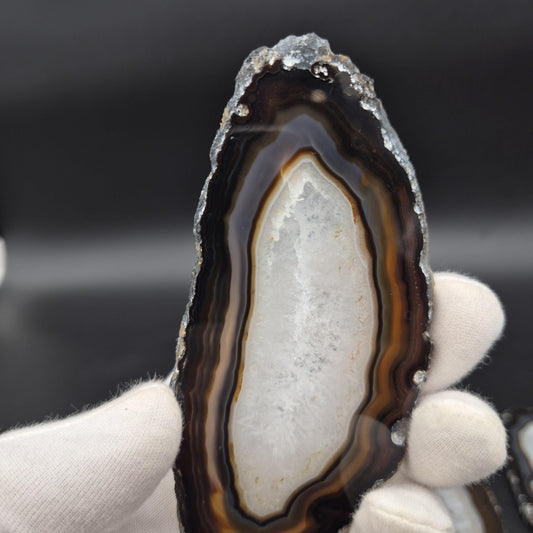 Set of 3 Agate Slices with Quartz | 4.5-6in Natural Crystal Slices | 0.55 lbs Total | Polished Banded Agate Decor Crystal Hoarder