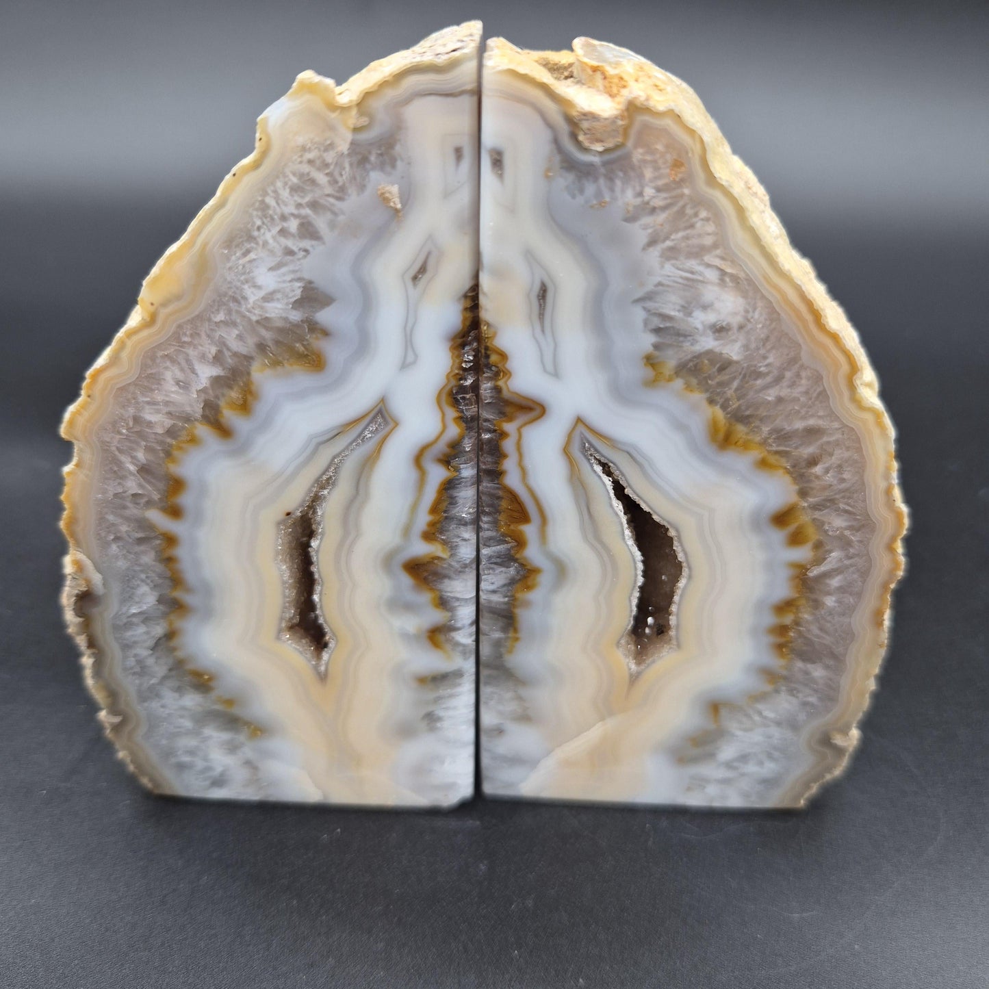 AAA+ Druzy Quartz Blue & Tan Banded Agate Double-Sided Geode Bookends - Brazilian Crystal Decor - 3.91 lbs Crystal Hoarder