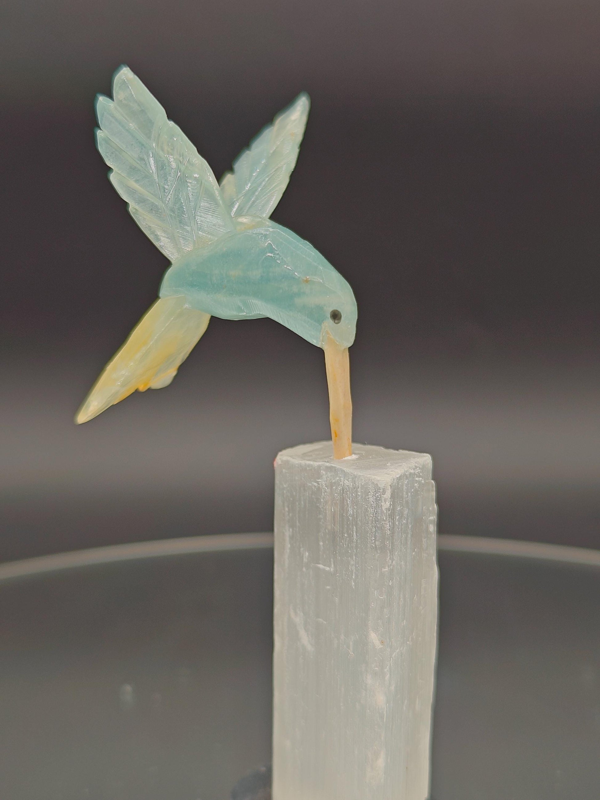 Blue Onyx Hummingbird on Satin Spar (Selenite Gypsum) - Hand Carved Brazil, 4 oz, 4 x 1in Crystal Hoarder
