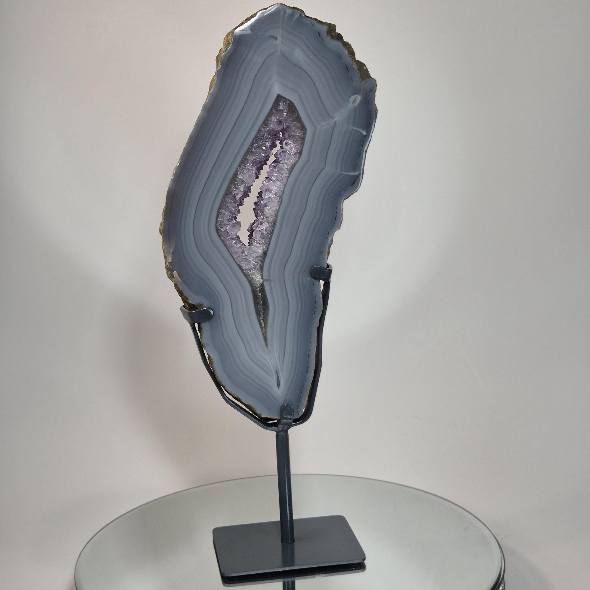 AAA+ Blue Banded Agate with Amethyst Slab on Stand – Brazil Crystal Hoarder