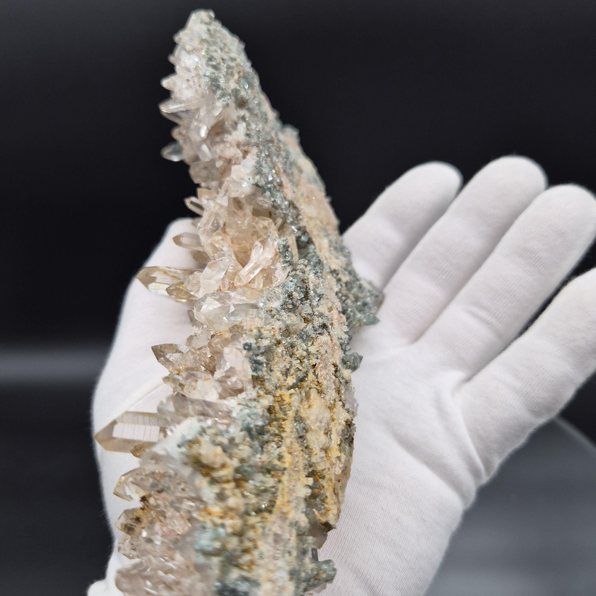 Super Rare Museum Quality Pink Lemurian Tri-Color Quartz Cluster - Golden Healer & Fuchsite - Colombia - Water Clear Points - 1.31 lbs 8in Crystal Hoarder