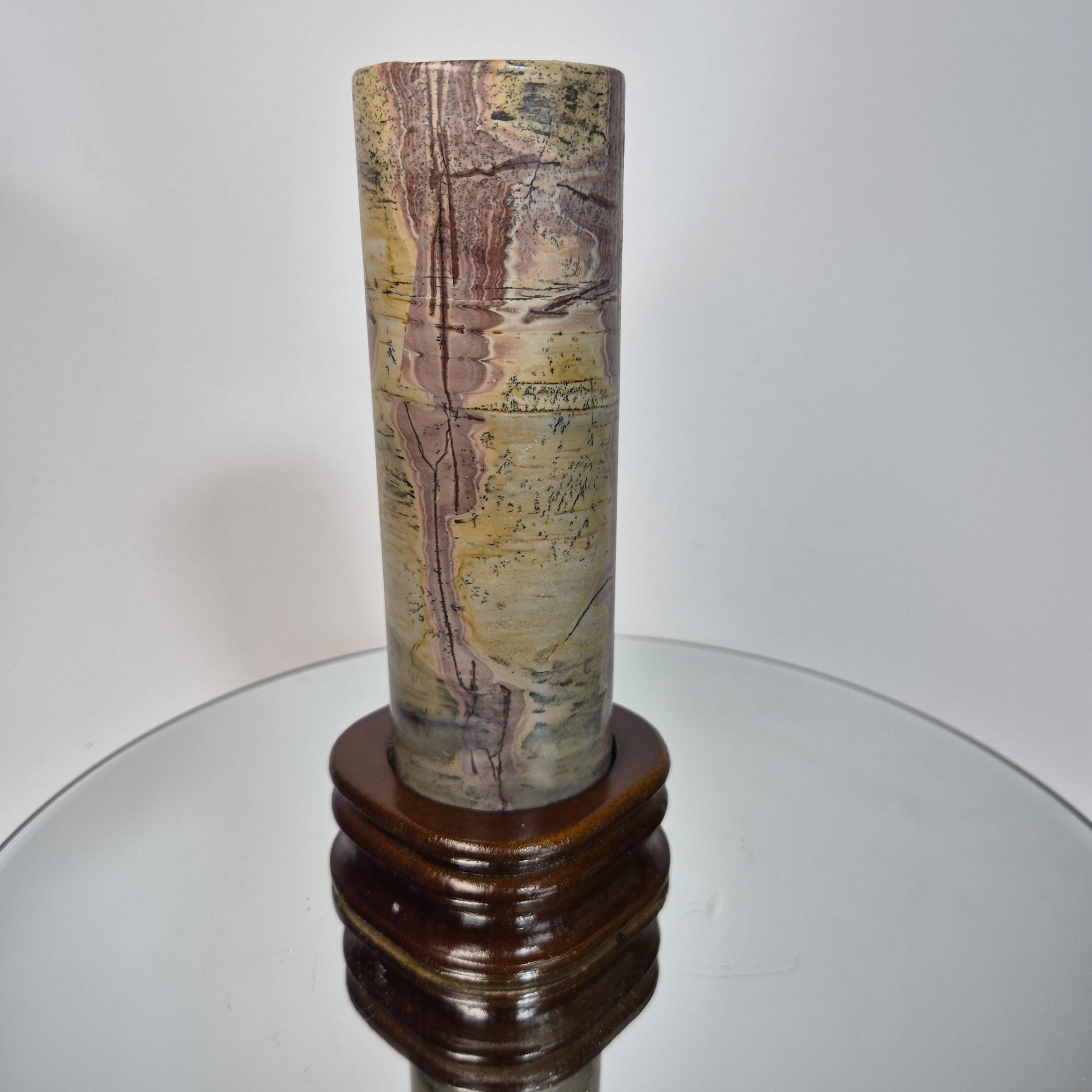 Picture Jasper Cylinder on Wood Stand - 7.5in Tall Earth Tone Crystal Display Crystal Hoarder