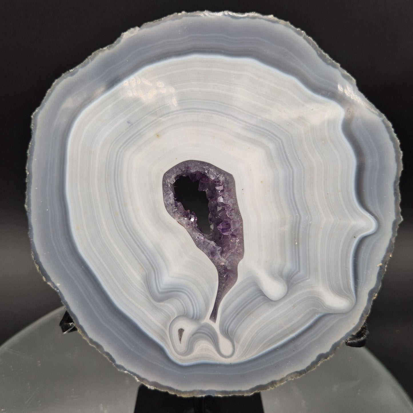 AAA+ Blue Banded Agate with Amethyst on Stand | Brazil Crystal Display | 9 Inch Tall | 2.89 lbs