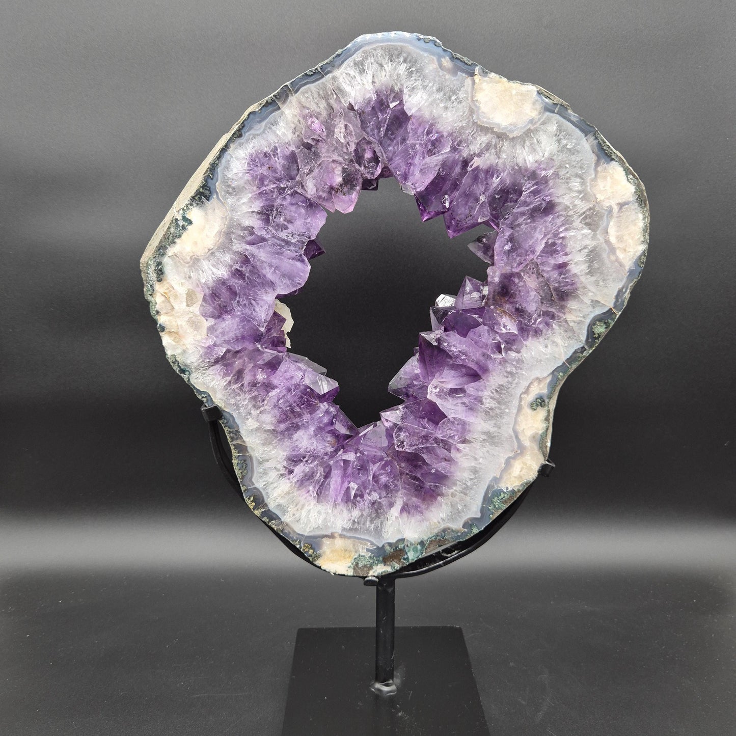 AAA+ Amethyst with UV Reactive Calcite Portal on Stand Brazil 13.17 lbs 17x12x1.5 Statement Crystal Display Crystal Hoarder