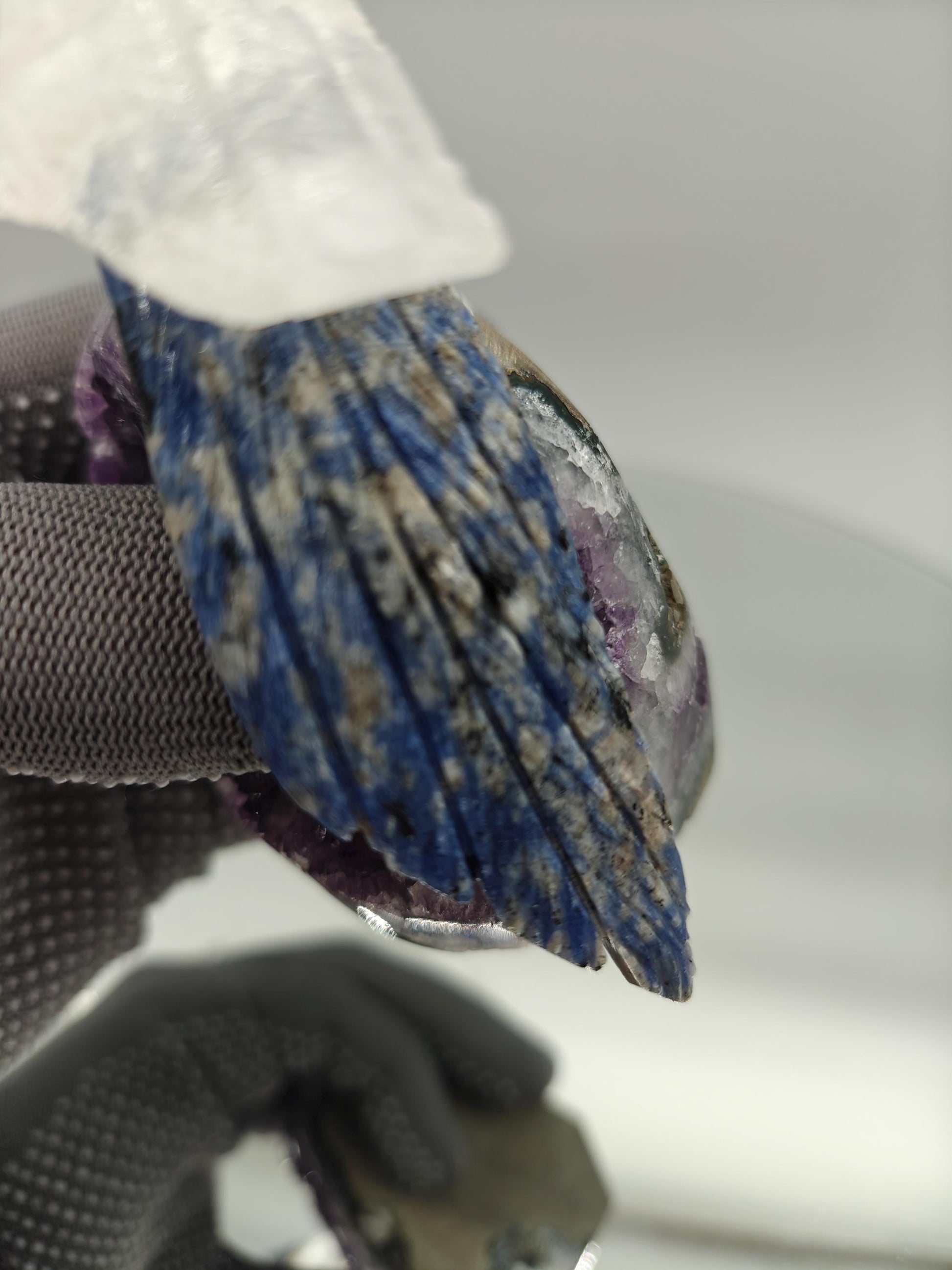 Hand Carved Clear Quartz Bird on Amethyst Base with Stalactite Eye | Sodalite & Jasper Inlay Crystal Hoarder
