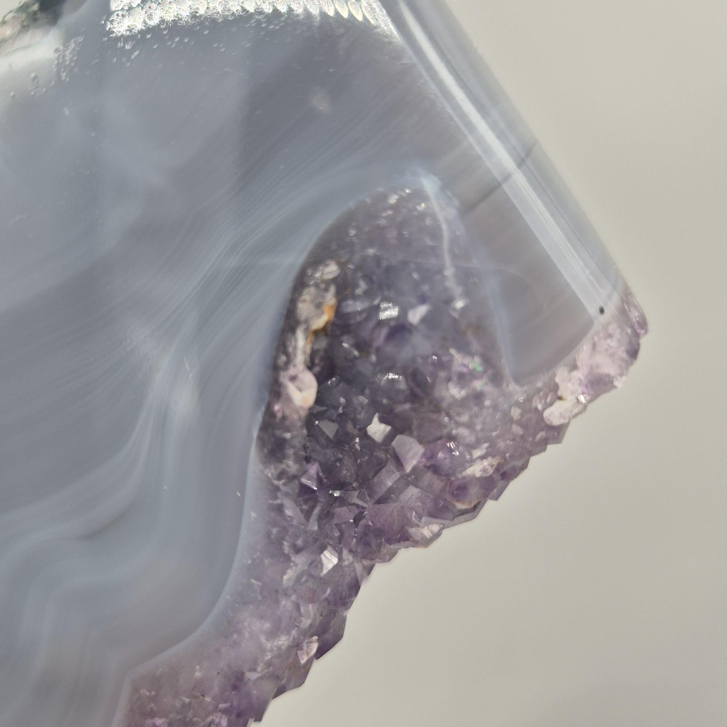 Rare Druzy Amethyst with Blue Banded Agate – Moon Shape – Brazil Crystal Hoarder