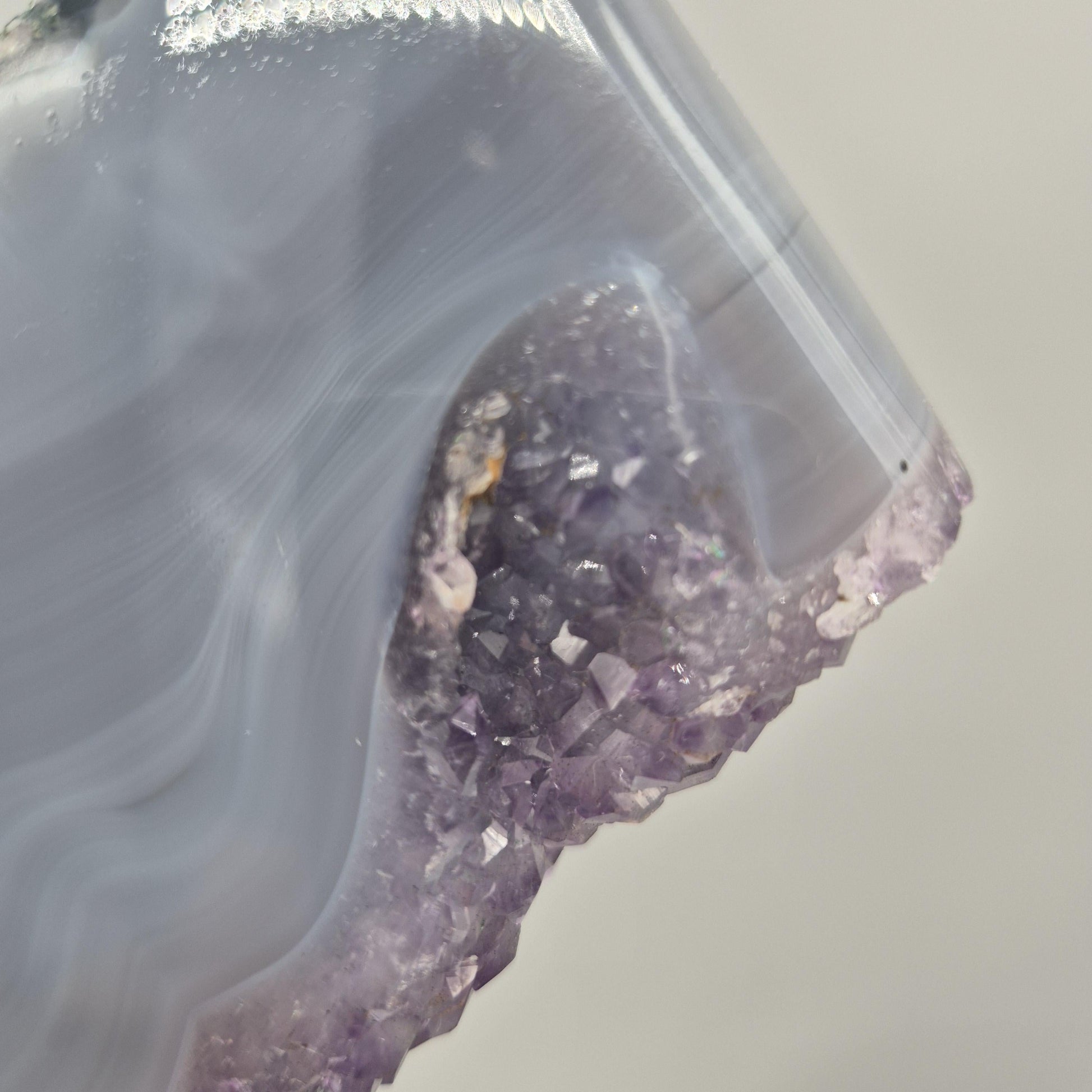 Rare Druzy Amethyst with Blue Banded Agate – Moon Shape – Brazil Crystal Hoarder