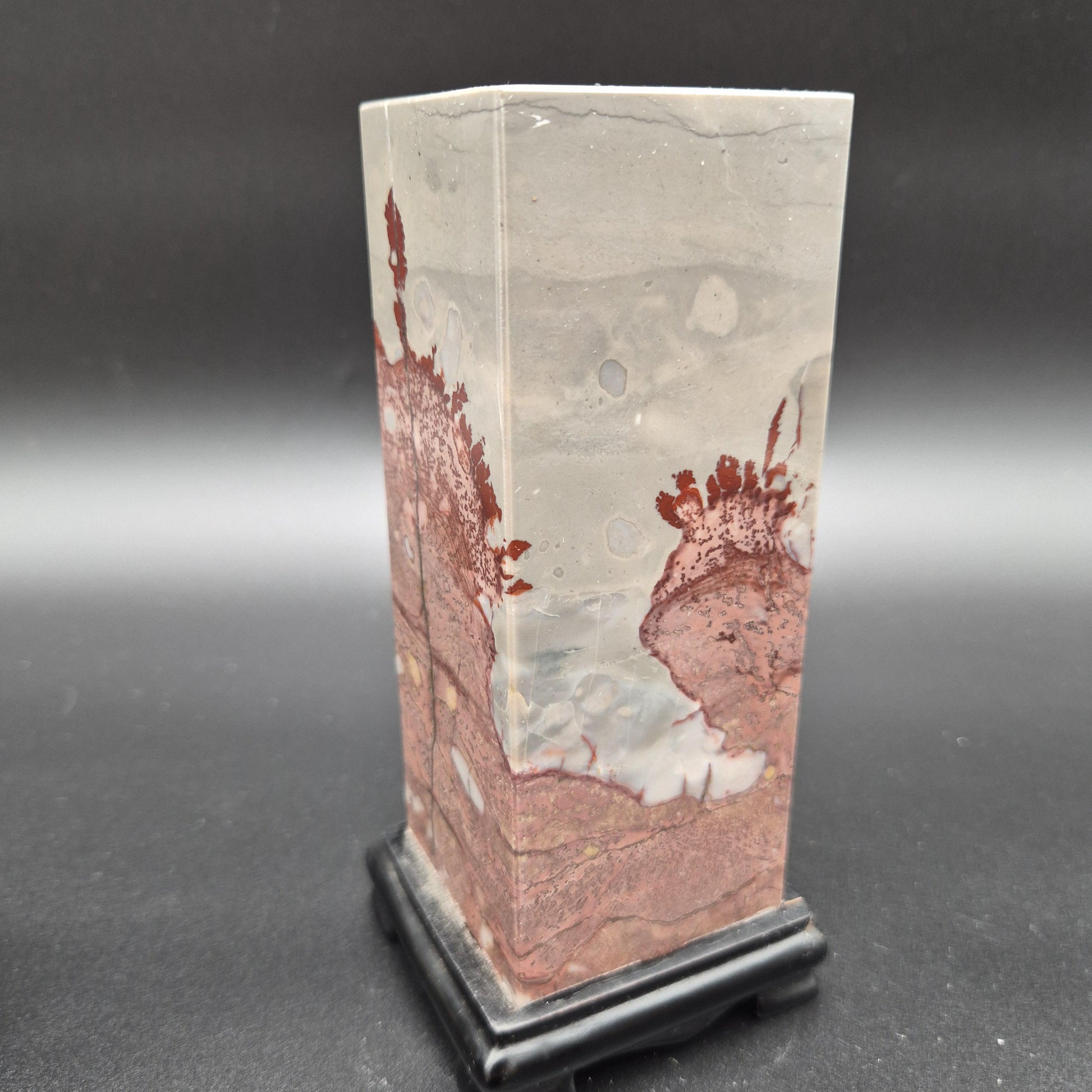 AAA+ Picture Jasper on Wood Base | Gray & Red Natural Scenic Stone Display | 3.58 lbs Crystal Hoarder