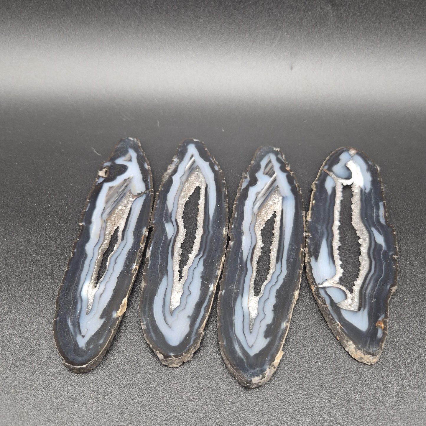 AAA+ Black Banded Agate Slices with Water Clear Druzy - Brazil | Set of 4 | 7in x 2in | 0.64 lbs Rare Crystal Hoarder