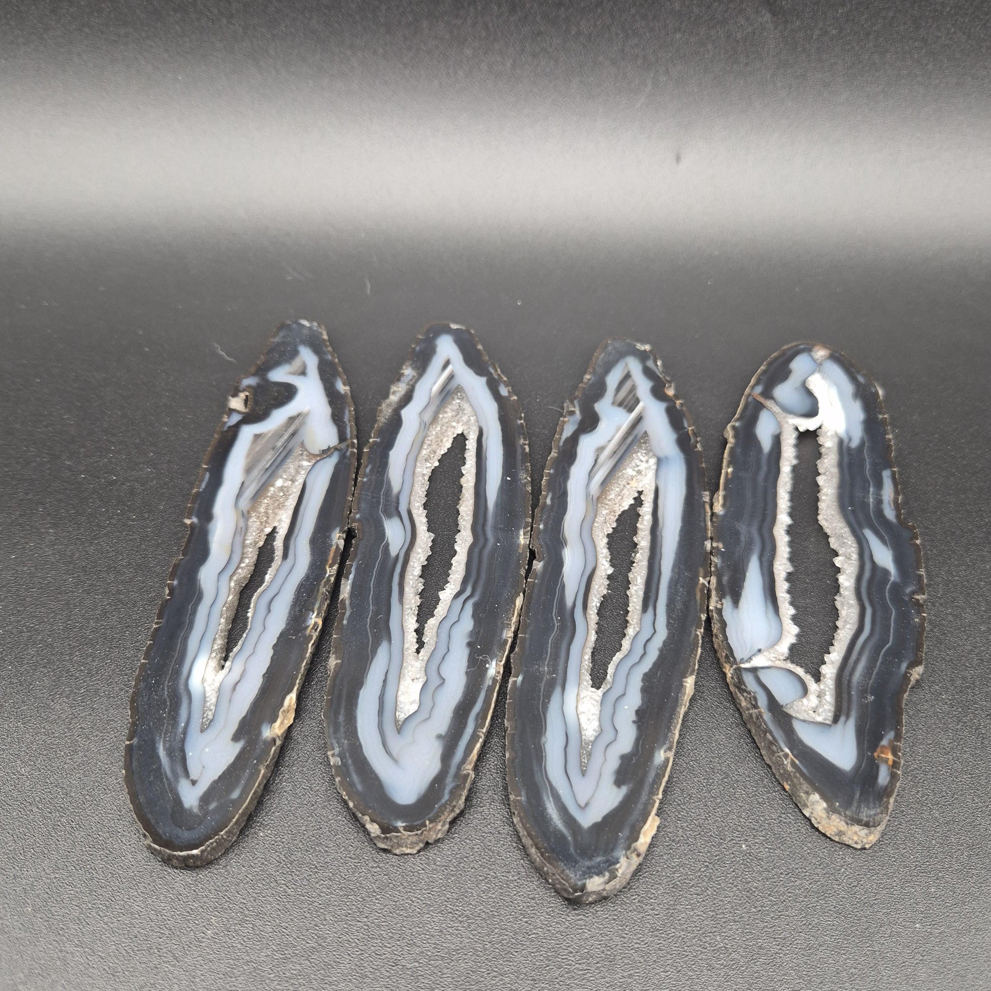 AAA+ Black Banded Agate Slices with Water Clear Druzy - Brazil | Set of 4 | 7in x 2in | 0.64 lbs Rare Crystal Hoarder