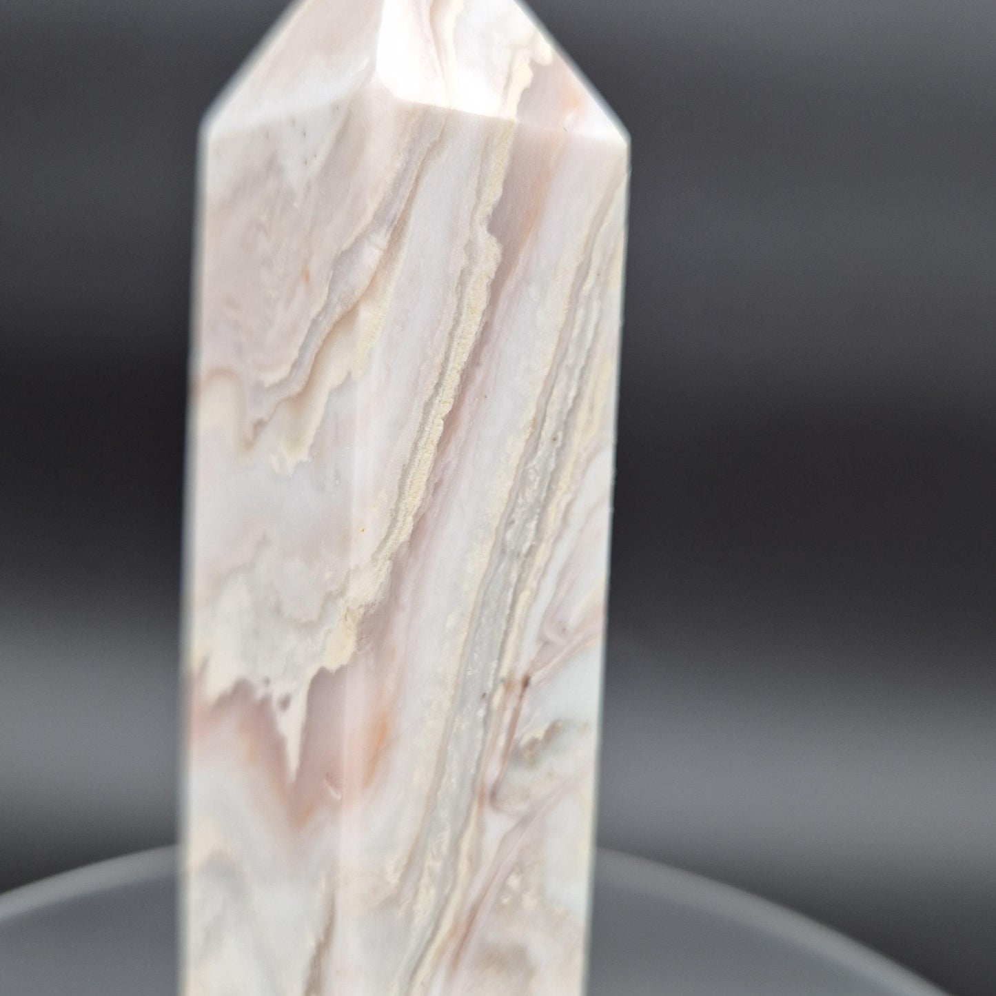 AAA+ Light Pink Crazy Lace Agate Tower with Druzy - 8 x 2in, 1.33 lbs - Natural Crystal Display, Collector Specimen Crystal Hoarder