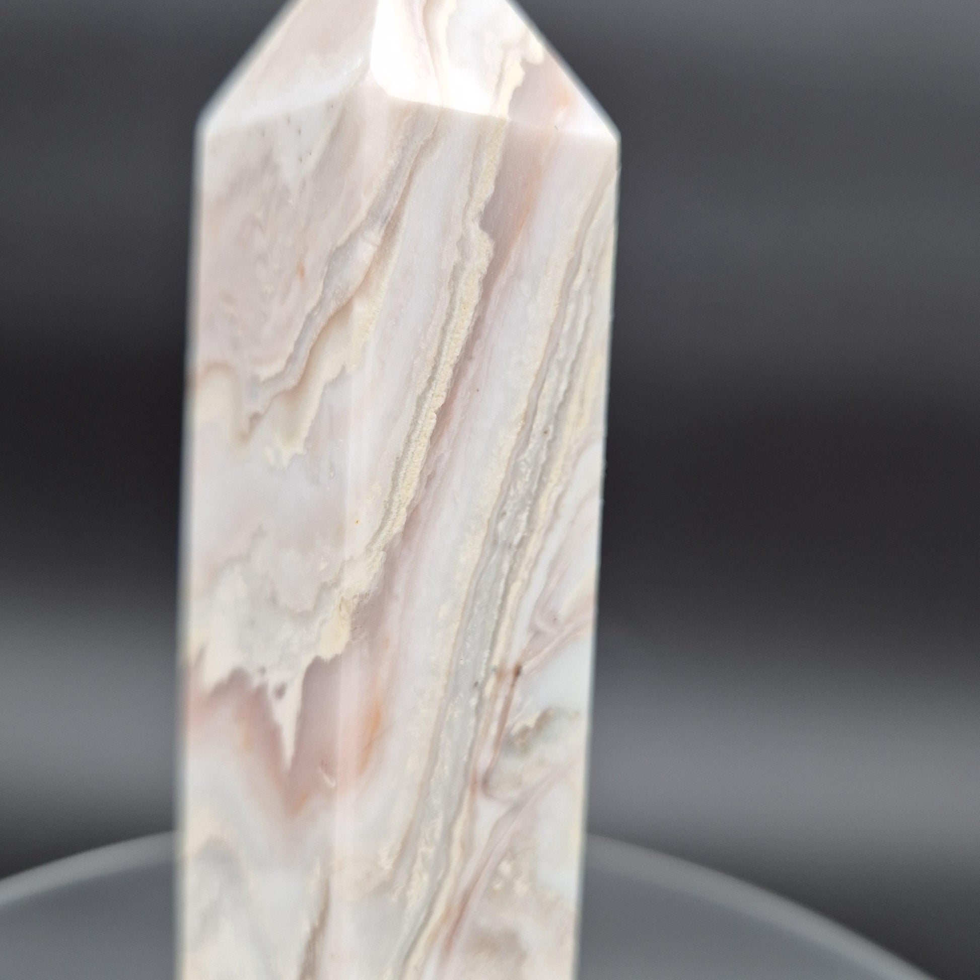 AAA+ Light Pink Crazy Lace Agate Tower with Druzy - 8 x 2in, 1.33 lbs - Natural Crystal Display, Collector Specimen Crystal Hoarder