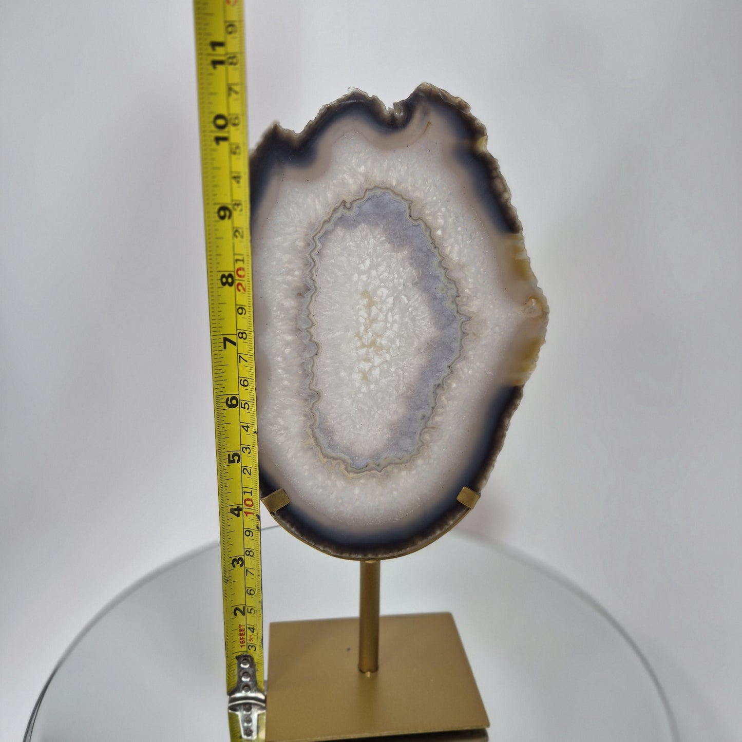 Clear Quartz Crystal with Banded Agate Slice on Stand, Translucent - Brazil Crystal Hoarder