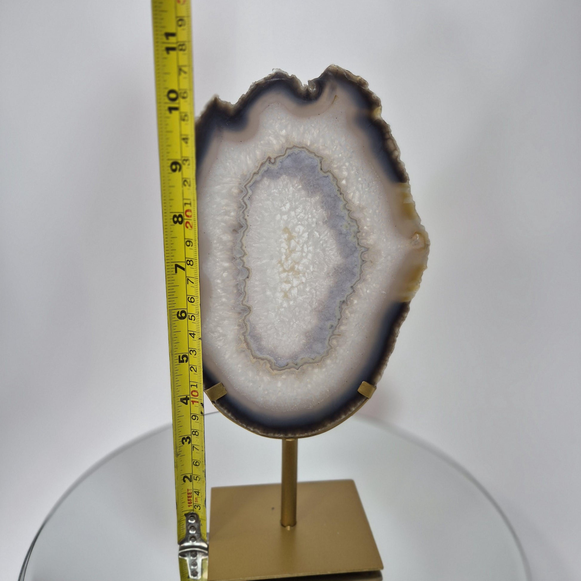 Clear Quartz Crystal with Banded Agate Slice on Stand, Translucent - Brazil Crystal Hoarder