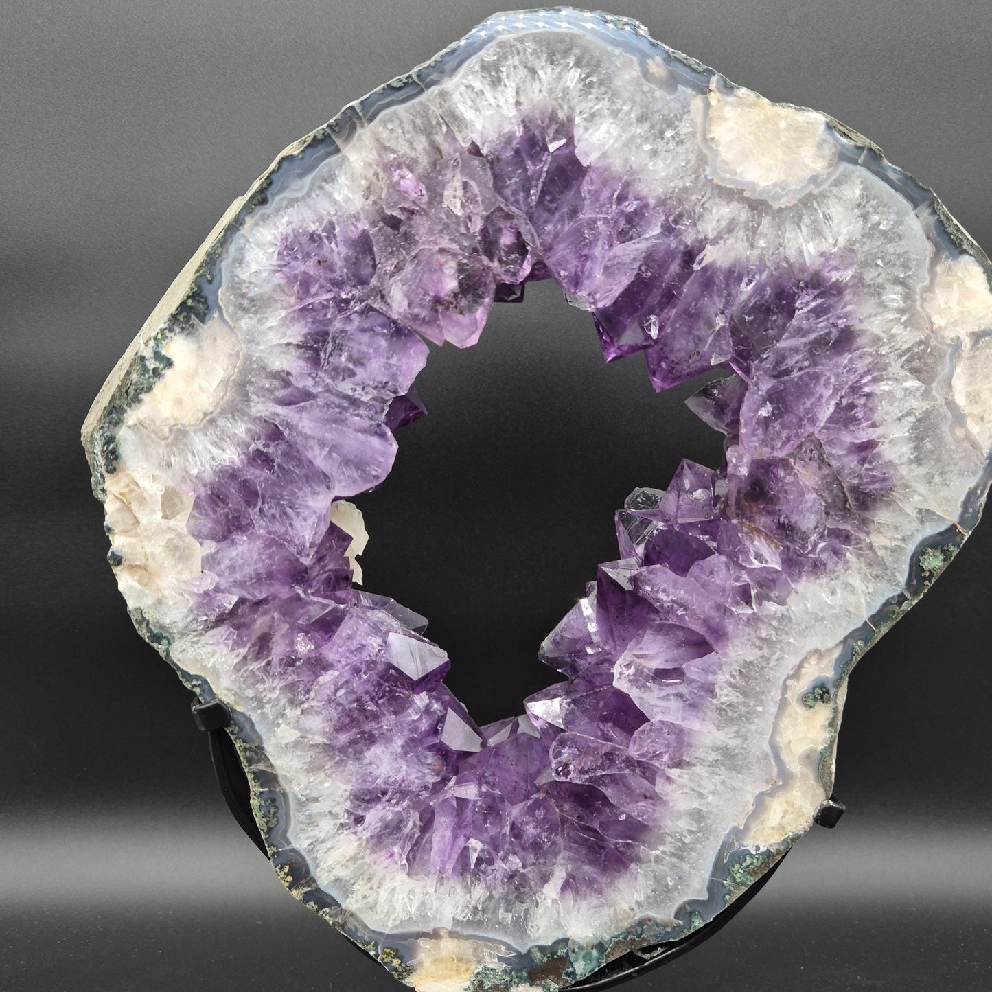AAA+ Amethyst with UV Reactive Calcite Portal on Stand Brazil 13.17 lbs 17x12x1.5 Statement Crystal Display Crystal Hoarder