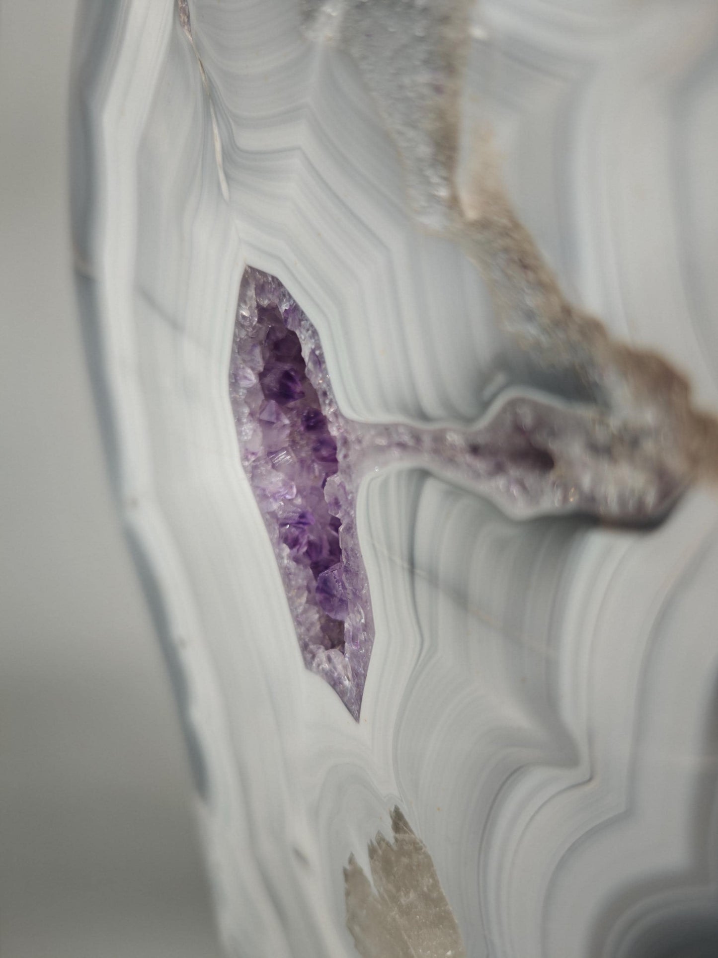 Fully Polished Druzy Amethyst with Blue Banded Agate & Calcite - Brazilian Crystal Display - 15.5in Statement Specimen - 7.33 lbs Crystal Hoarder