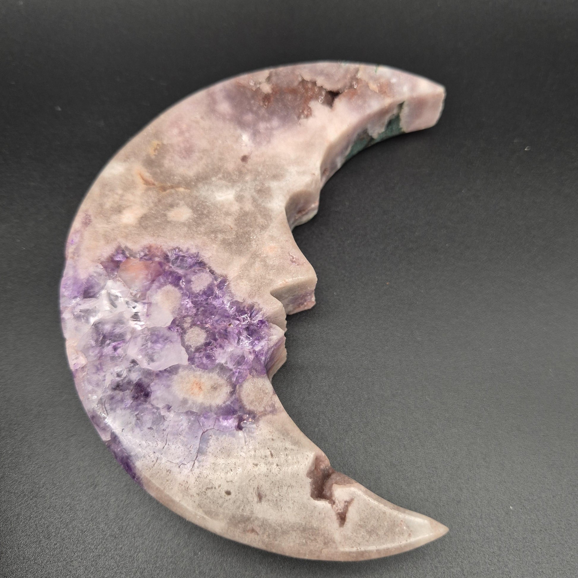 AAA+ Druzy Pink & Purple Amethyst Moon Face Carving | Brazilian Crystal Display | 1.15 lbs Crystal Hoarder
