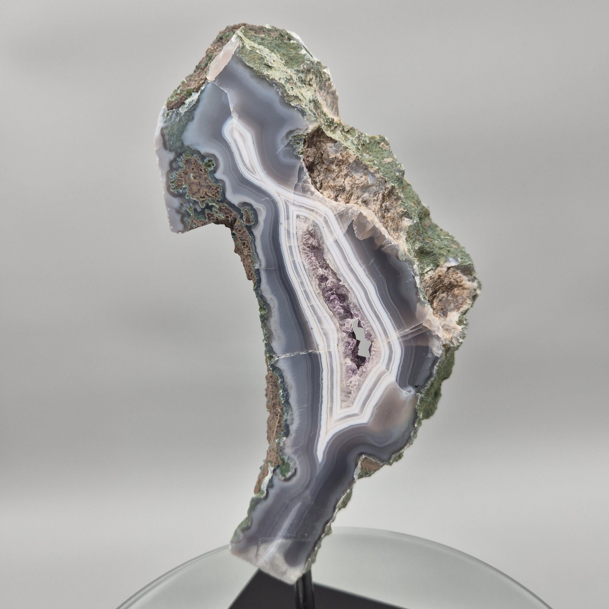 AAA+ Amethyst with Blue Banded Agate on Stand - Brazilian Amethyst Specimen with Natural Window - 13in Tall Crystal Display - 4.85 lbs Crystal Hoarder