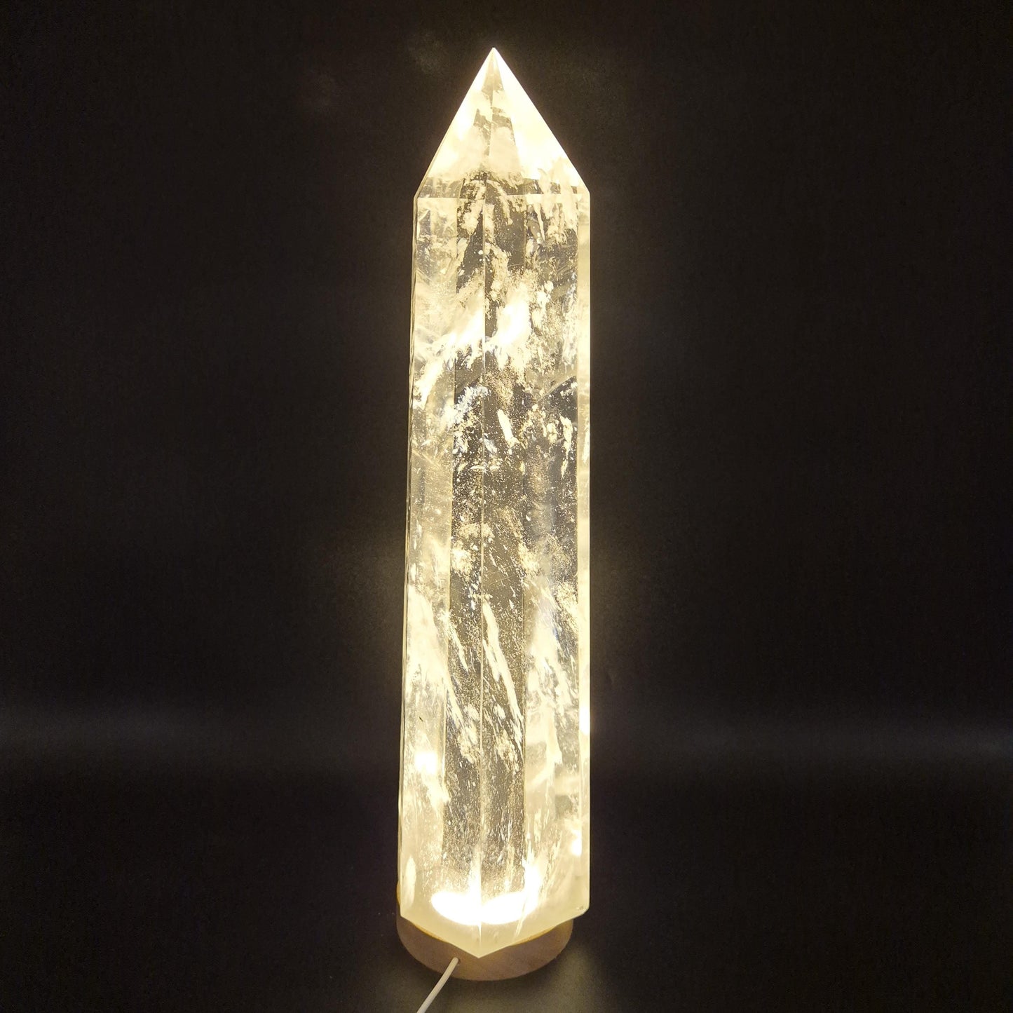 17.5in, 11.65 lbs- Clear Smelt Quartz Tower with White Cloud Inclusions - Man Made Quartz Obelisk - Optional LED Light Base Crystal Hoarder