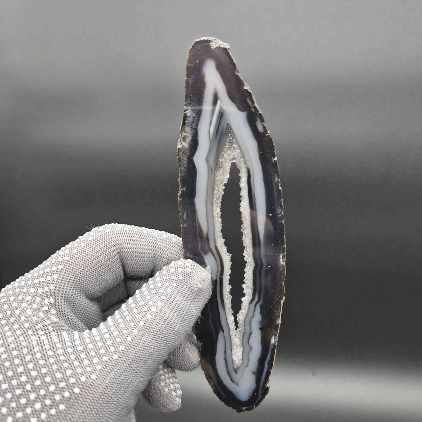 AAA+ Black Banded Agate Slices with Water Clear Druzy - Brazil | Set of 4 | 7in x 2in | 0.64 lbs Rare Crystal Hoarder