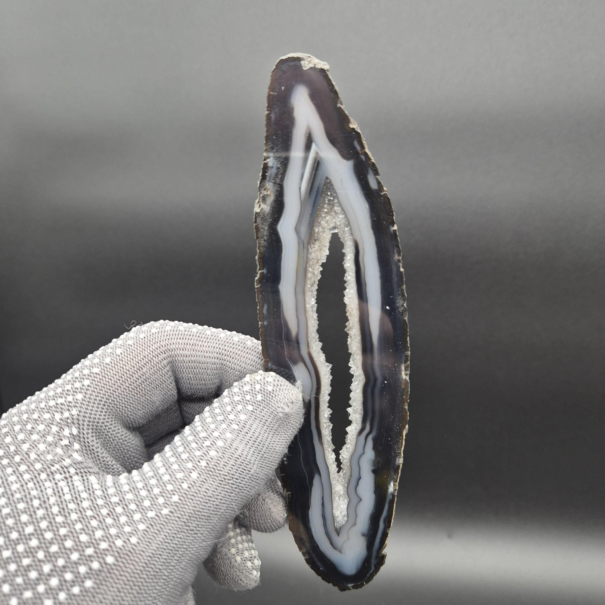 AAA+ Black Banded Agate Slices with Water Clear Druzy - Brazil | Set of 4 | 7in x 2in | 0.64 lbs Rare Crystal Hoarder