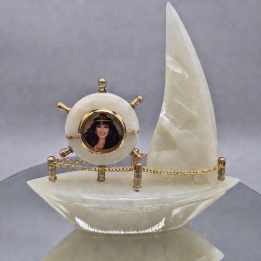 Vintage Onyx Sailboat Sculpture / Picture Frame - Natural Stone Nautical Decor - Optional Lighted Display Base - 1.745 lbs Crystal Hoarder