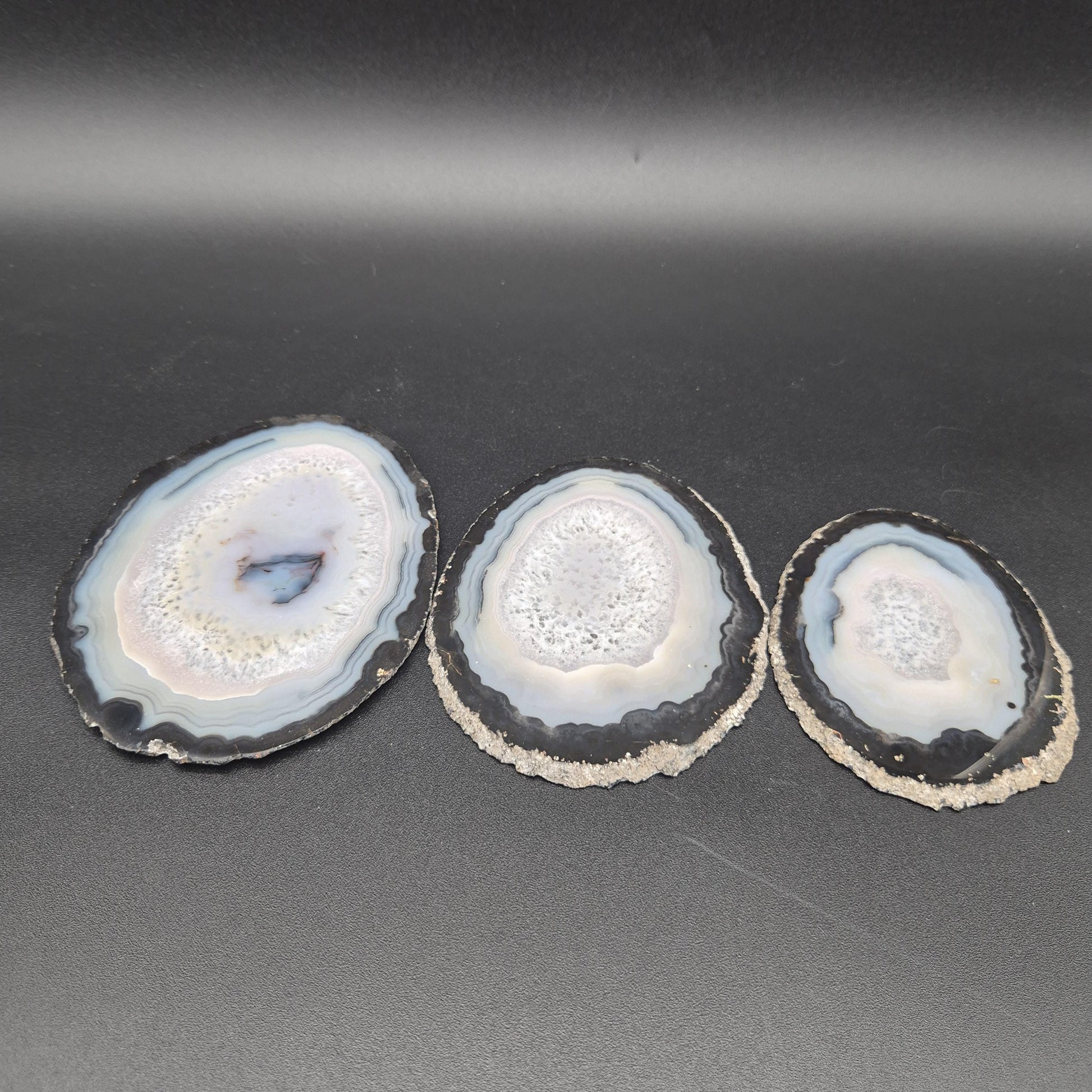 Natural Agate Slices - Set of 3 | 4in, 4.5in, 5in Translucent Quartz | 0.64 lbs | Polished Crystal Decor Crystal Hoarder