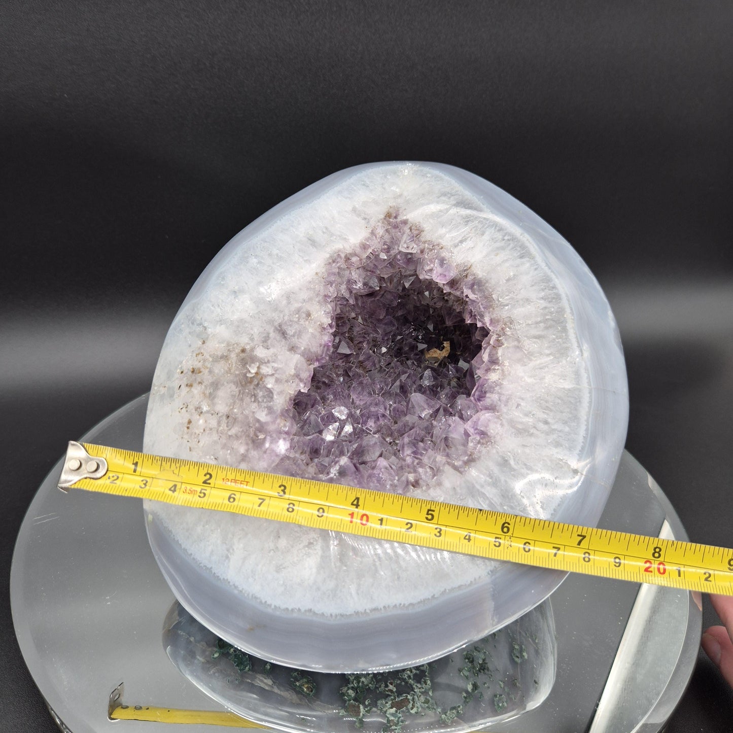 Fully Polished Amethyst with Blue Banded Agate Geode Head Hematite Calcite 12.41 lbs 9x9x7.5 Brazil Crystal Hoarder