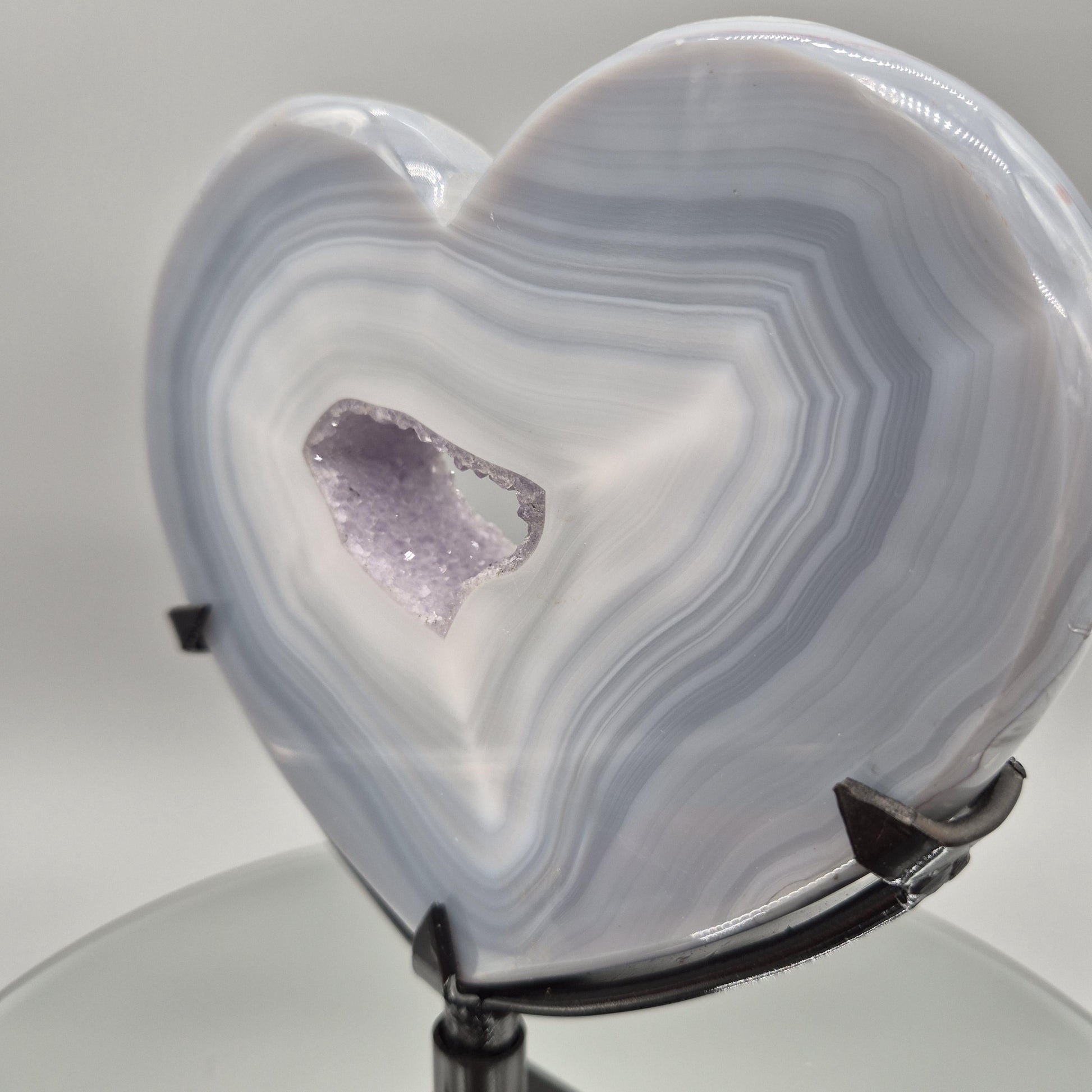 AAA+ Druzy Amethyst with Blue Banded Agate on Stand - Brazilian Amethyst Specimen - Perfect Framed Crystal Center Crystal Hoarder