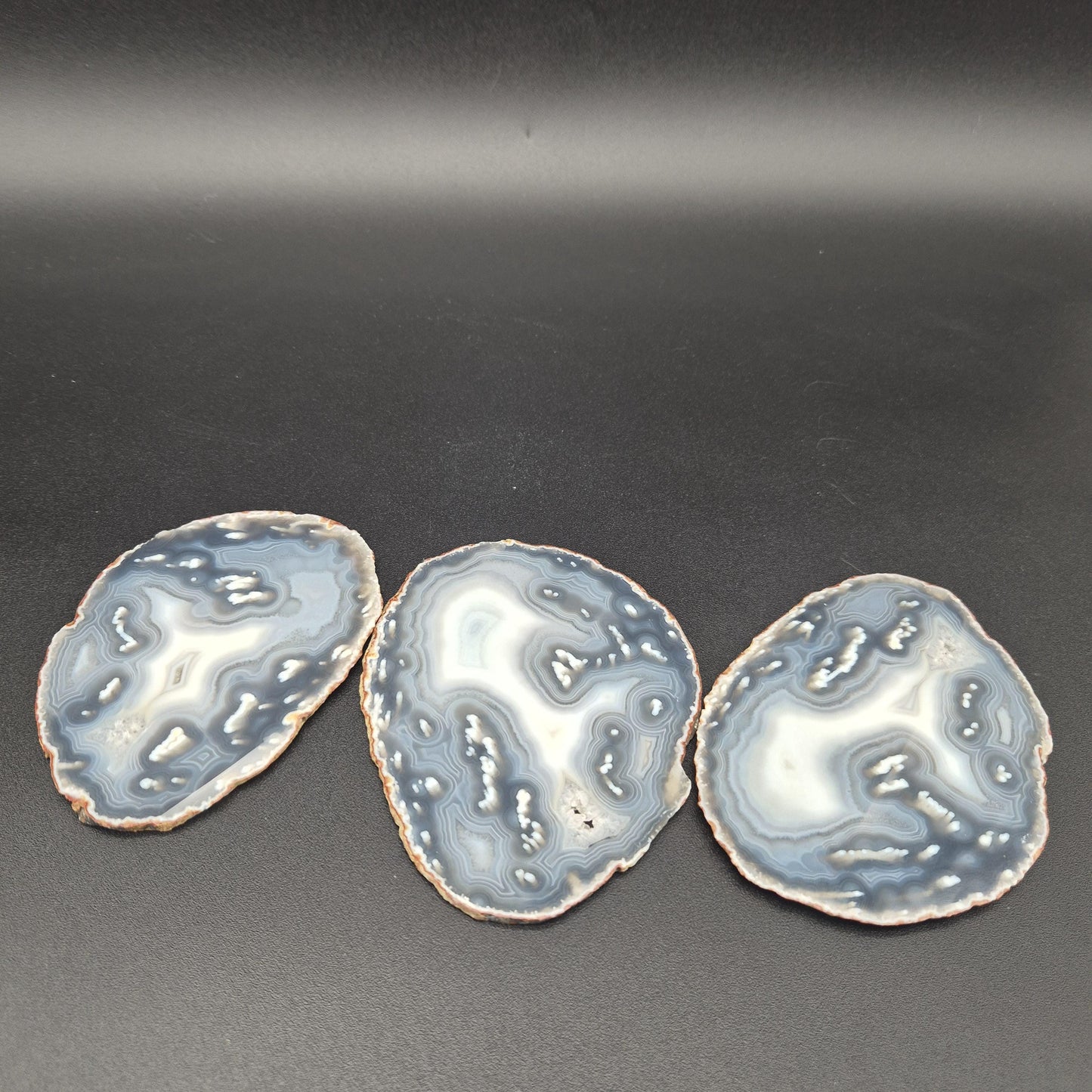 Natural Druzy Agate Slice Set of 3 | 5 x 3in Quartz Crystal Slices | 0.51 lbs Total | Polished Banded Agate Decor Crystal Hoarder