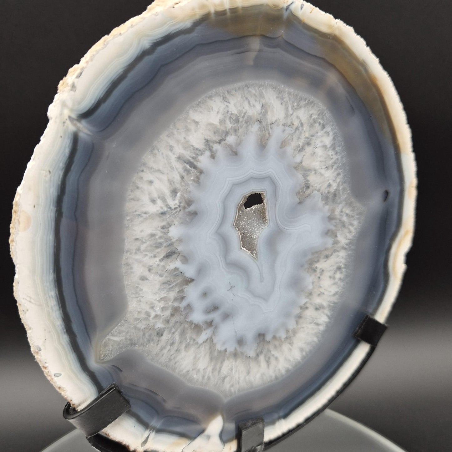 AAA+ Super Rare Druzy White and Dark Blue Agate Slice on Stand Brazil 1.03 lbs Crystal Hoarder