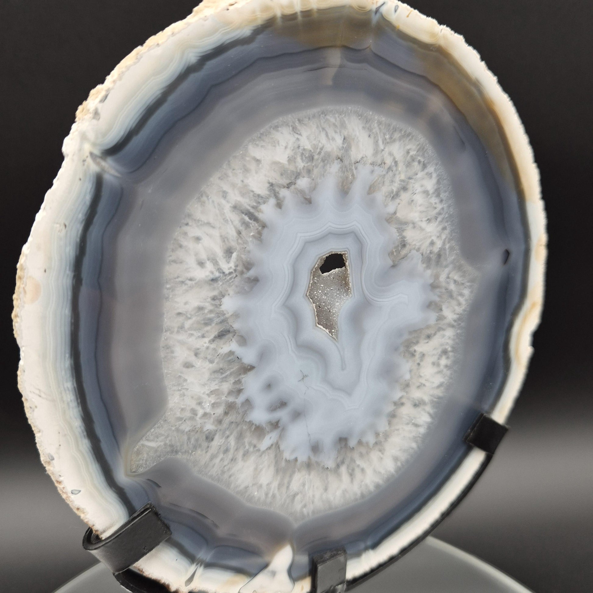 AAA+ Super Rare Druzy White and Dark Blue Agate Slice on Stand Brazil 1.03 lbs Crystal Hoarder