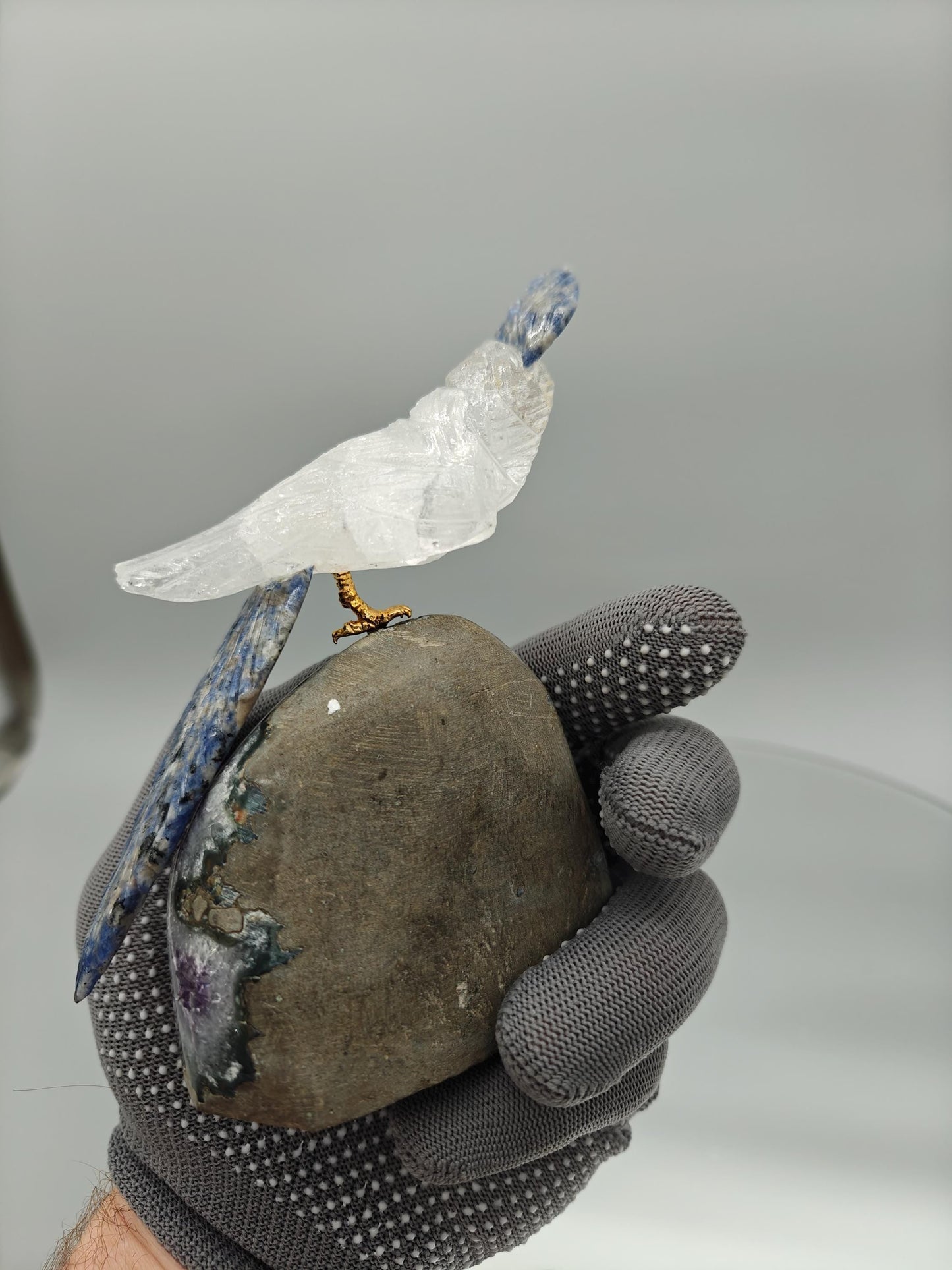 Hand Carved Clear Quartz Bird on Amethyst Base with Stalactite Eye | Sodalite & Jasper Inlay Crystal Hoarder