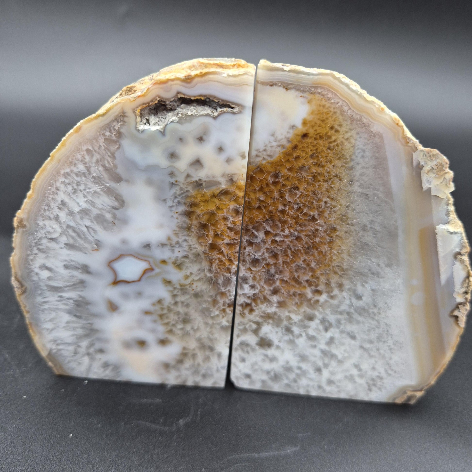 AAA+ Druzy Quartz Blue & Tan Banded Agate Double-Sided Geode Bookends - Brazilian Crystal Decor - 3.91 lbs Crystal Hoarder