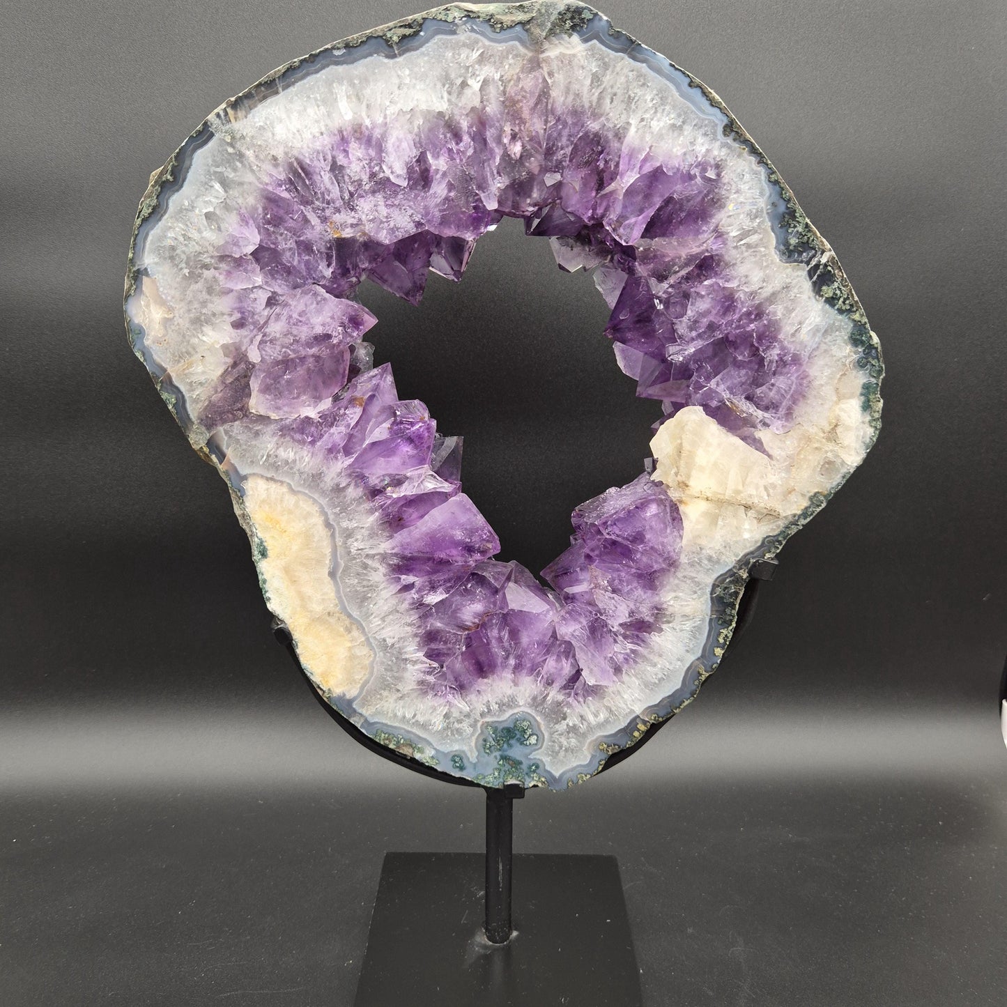 AAA+ Amethyst with UV Reactive Calcite Portal on Stand Brazil 13.17 lbs 17x12x1.5 Statement Crystal Display Crystal Hoarder