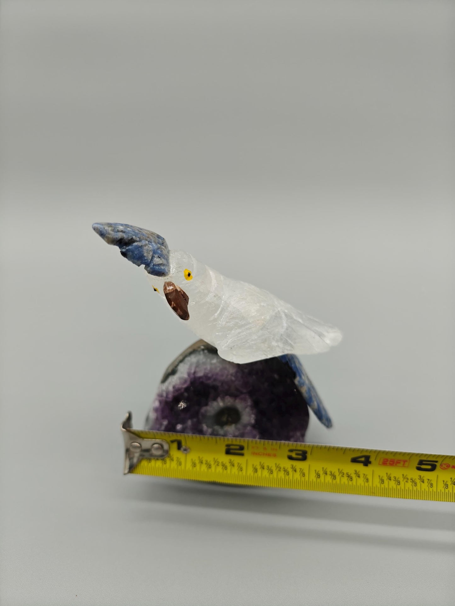 Hand Carved Clear Quartz Bird on Amethyst Base with Stalactite Eye | Sodalite & Jasper Inlay Crystal Hoarder