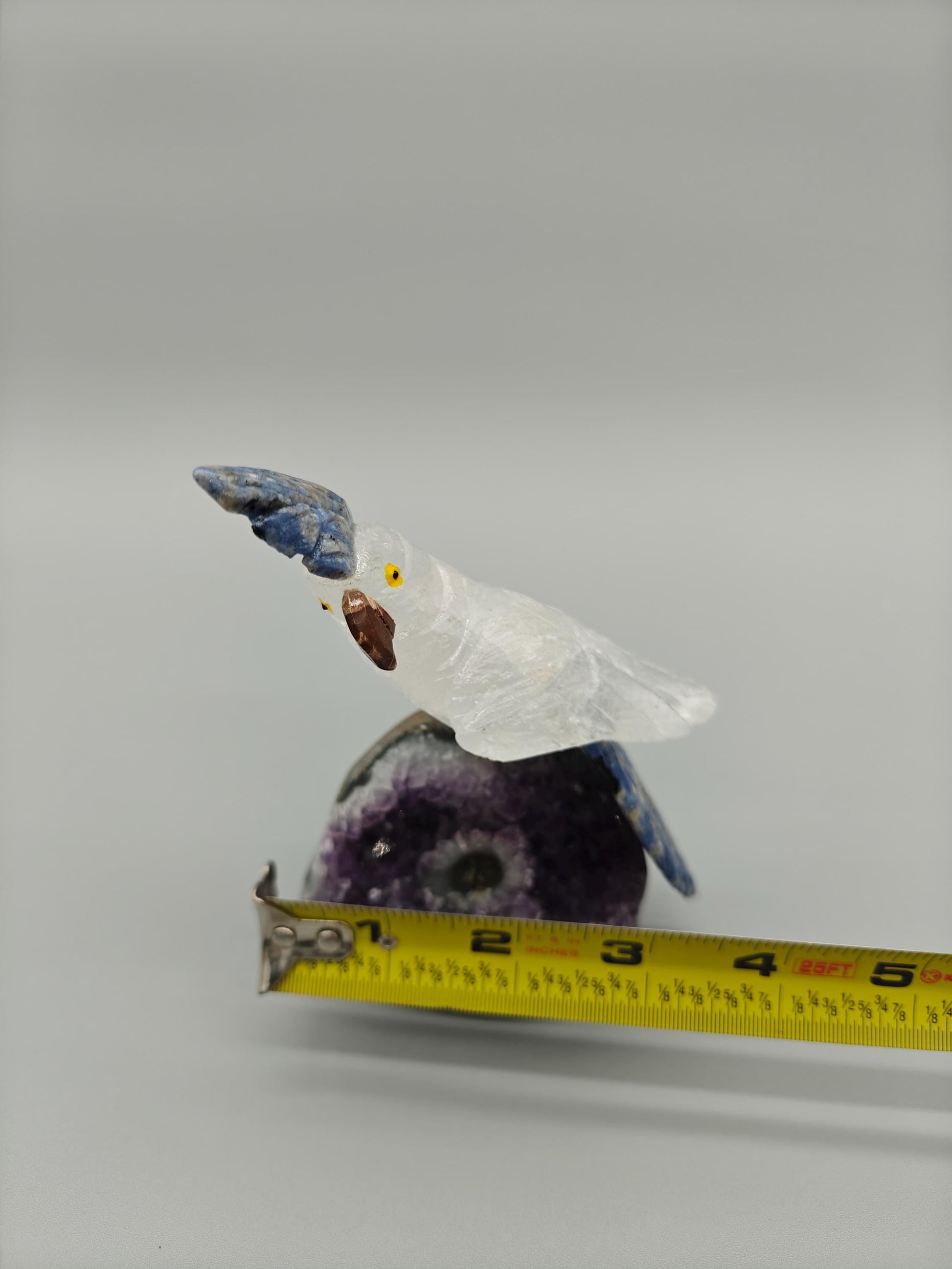 Hand Carved Clear Quartz Bird on Amethyst Base with Stalactite Eye | Sodalite & Jasper Inlay Crystal Hoarder