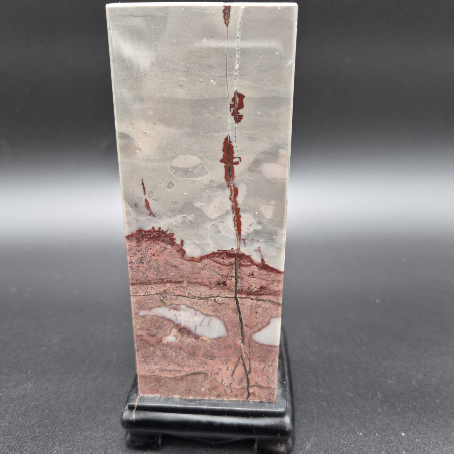 AAA+ Picture Jasper on Wood Base | Gray & Red Natural Scenic Stone Display | 3.58 lbs Crystal Hoarder