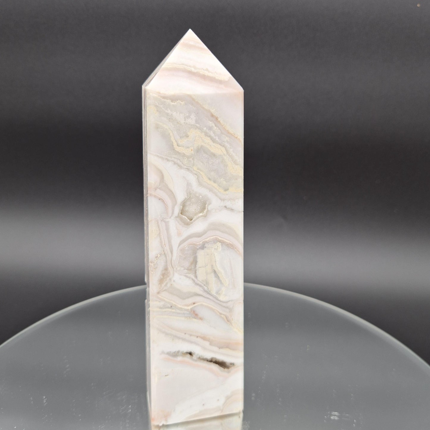 AAA+ Light Pink Crazy Lace Agate Tower with Druzy - 8 x 2in, 1.33 lbs - Natural Crystal Display, Collector Specimen Crystal Hoarder
