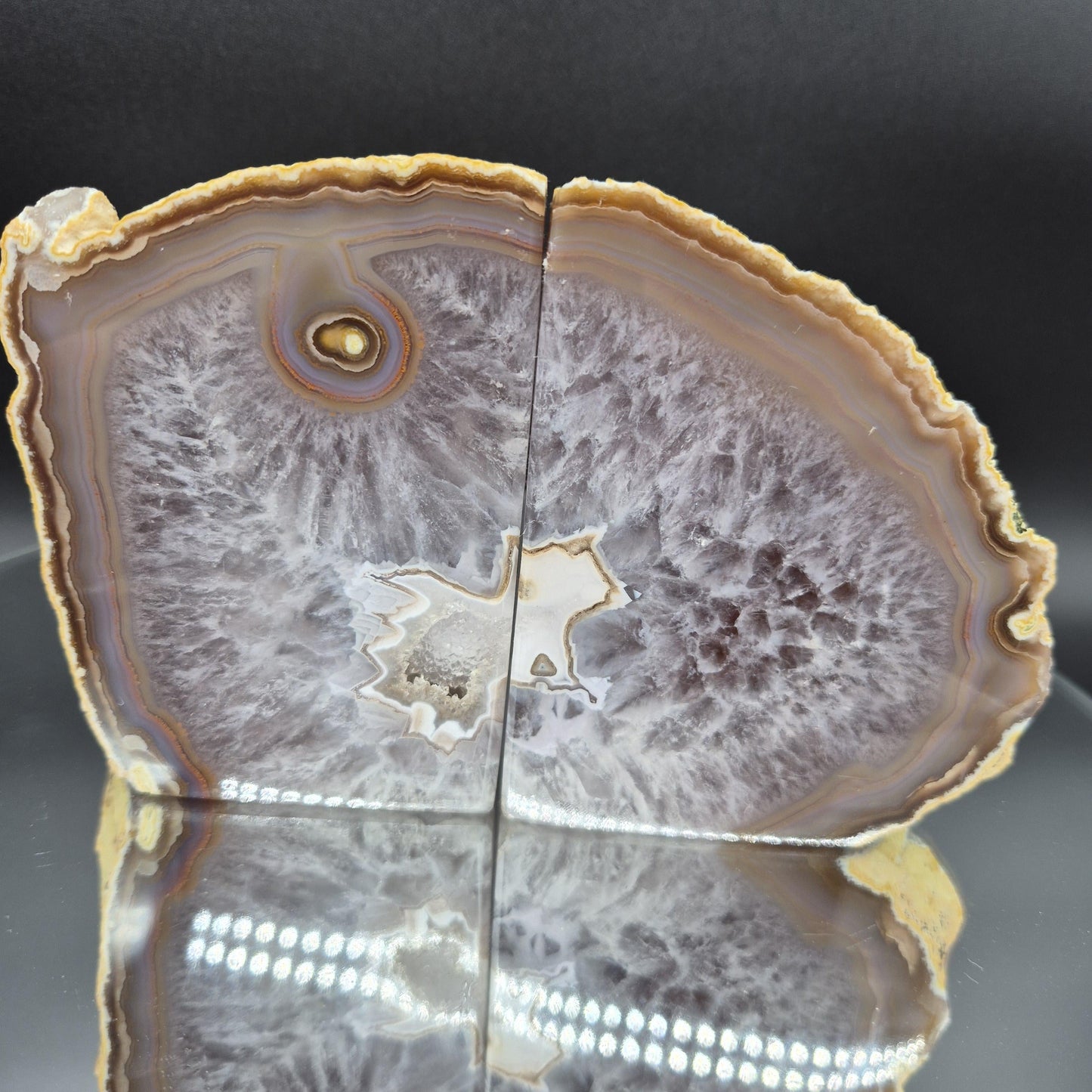AAA+ Agate Bookends with Druzy & Stalactite Eye 7x4.5 | 3.73 lbs Natural Crystal Pair | Polished Agate Geode | Unique Home Decor Crystal Hoarder
