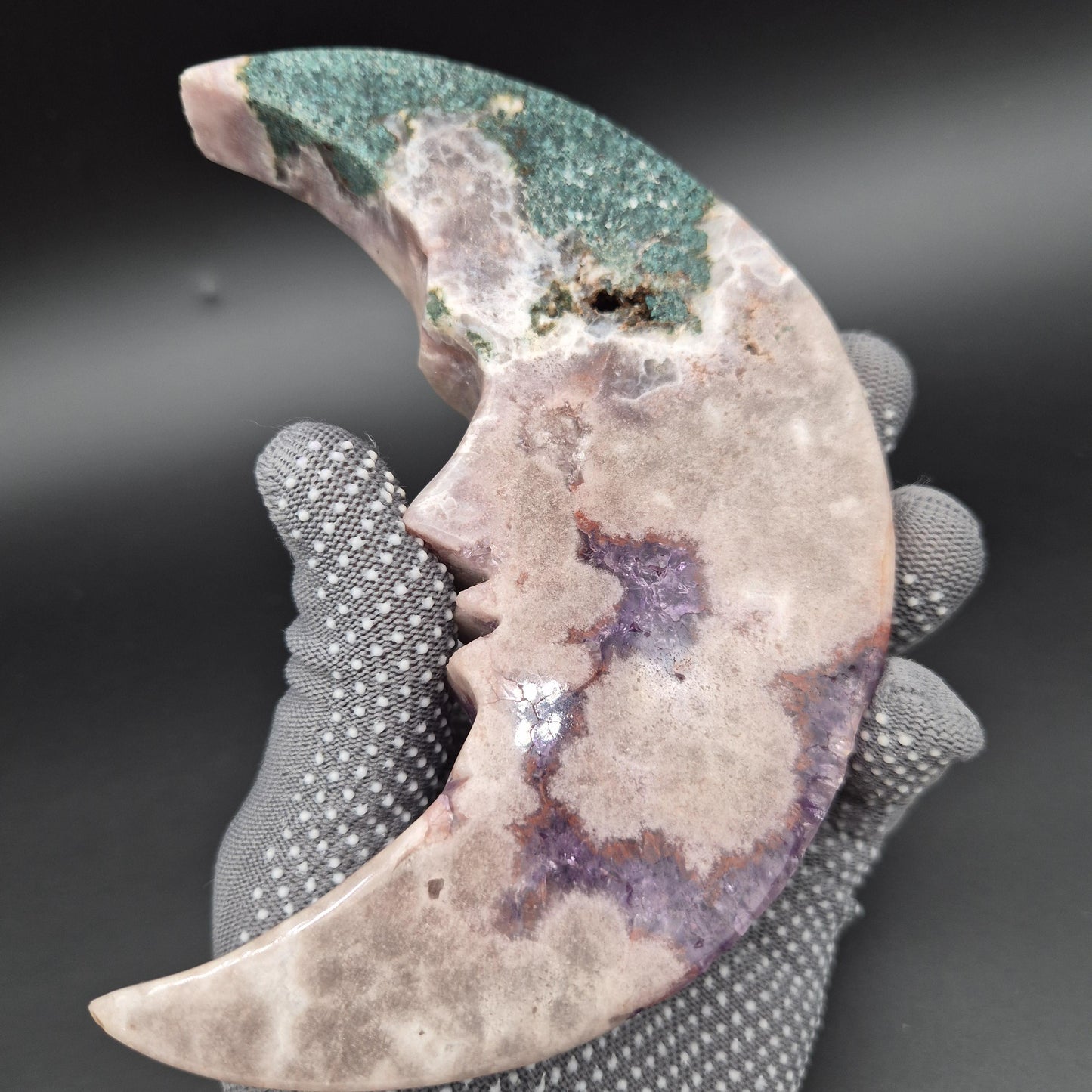 AAA+ Druzy Pink & Purple Amethyst Moon Face Carving | Brazilian Crystal Display | 1.15 lbs Crystal Hoarder