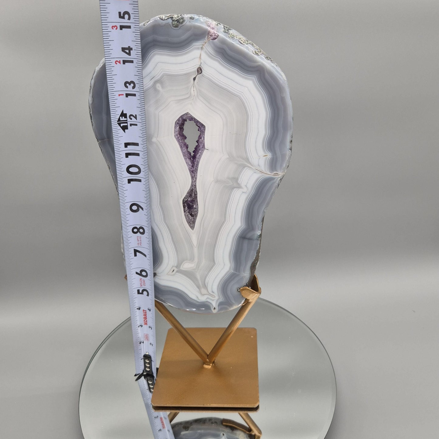Fully Polished Druzy Amethyst with Blue Banded Agate & Calcite - Brazilian Crystal Display - 15.5in Statement Specimen - 7.33 lbs Crystal Hoarder