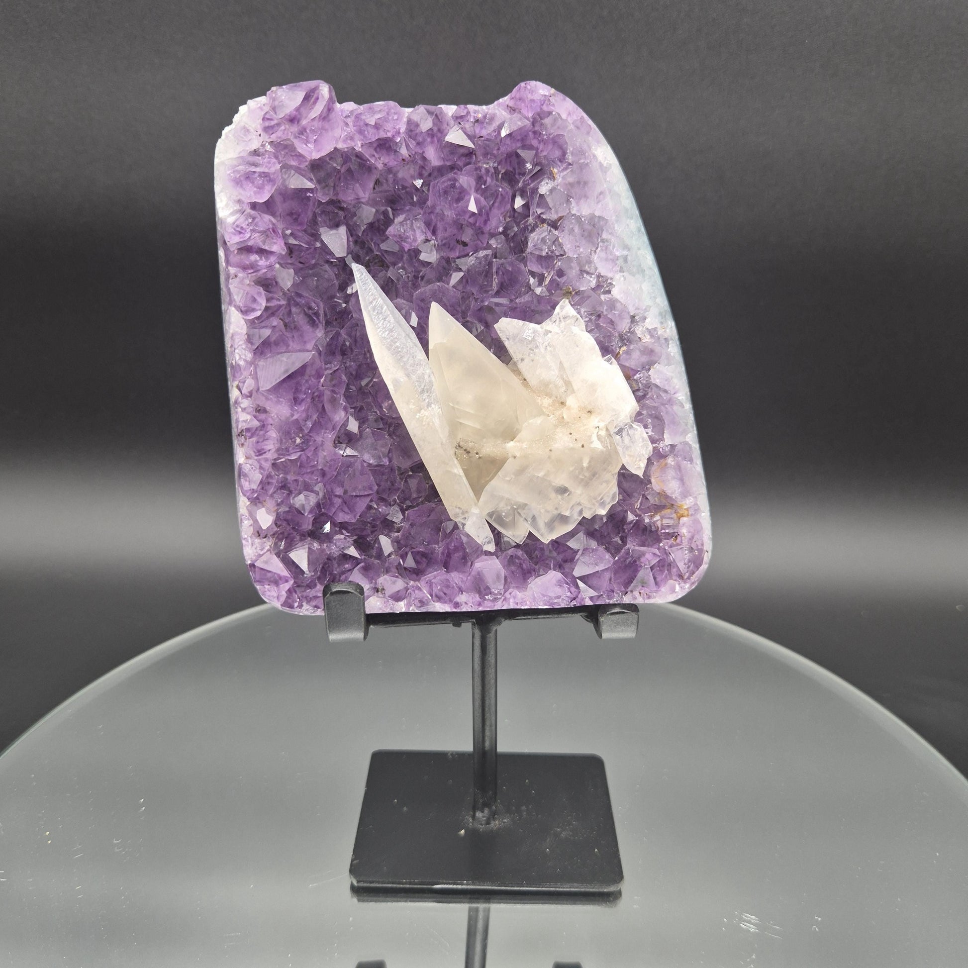 Super Rare Amethyst with Double-Terminated Transparent & Sugar Calcite | 7.5 x 4.5in | 2 lb Free-Form Crystal on Stand | UV Reactive Crystal Hoarder