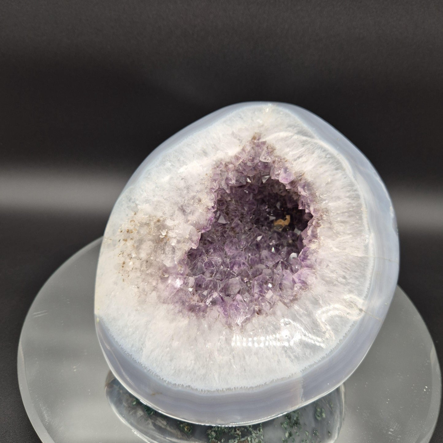 Fully Polished Amethyst with Blue Banded Agate Geode Head Hematite Calcite 12.41 lbs 9x9x7.5 Brazil Crystal Hoarder