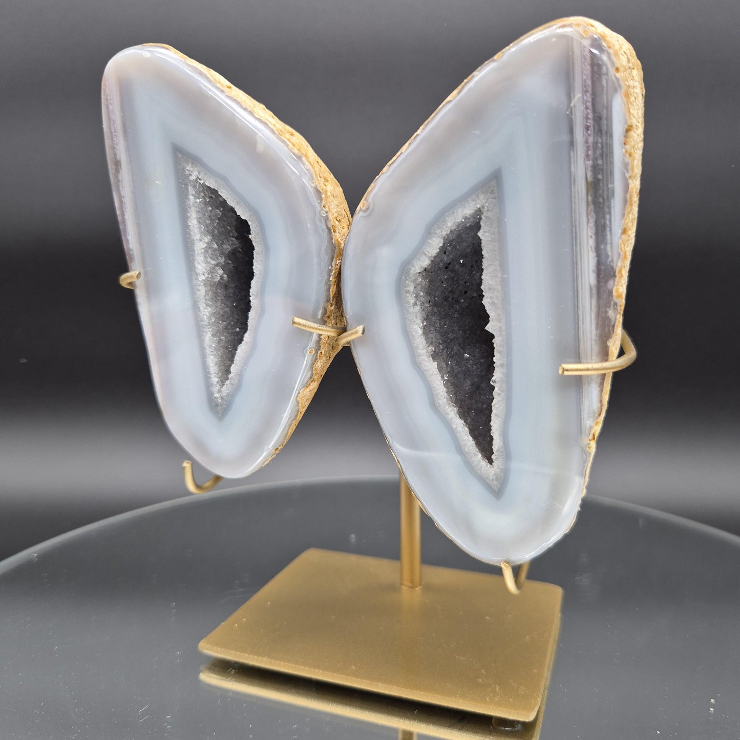 Blue Banded Agate Druzy Geode Wings | 6 x 4.5in | 2.25 lb Pair | Crystal Wall Décor | Statement Mineral Display | Brazil Geode Collectible Crystal Hoarder