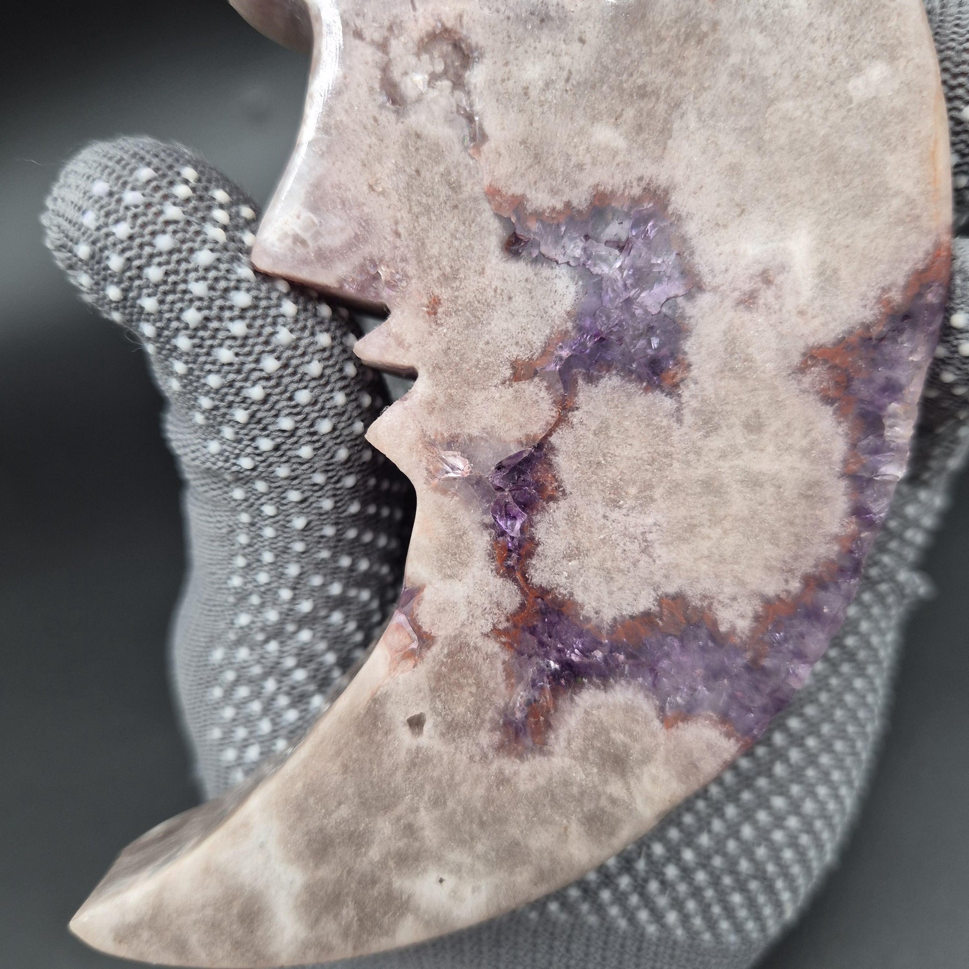 AAA+ Druzy Pink & Purple Amethyst Moon Face Carving | Brazilian Crystal Display | 1.15 lbs Crystal Hoarder